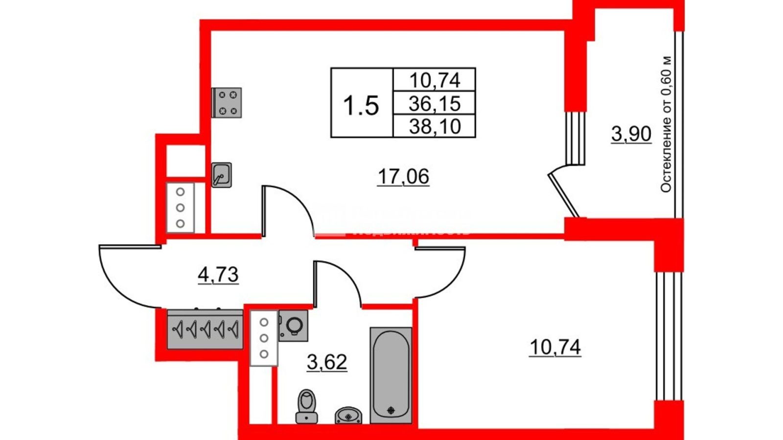 Планировка: 1-комнатная квартира, 36,2 м²