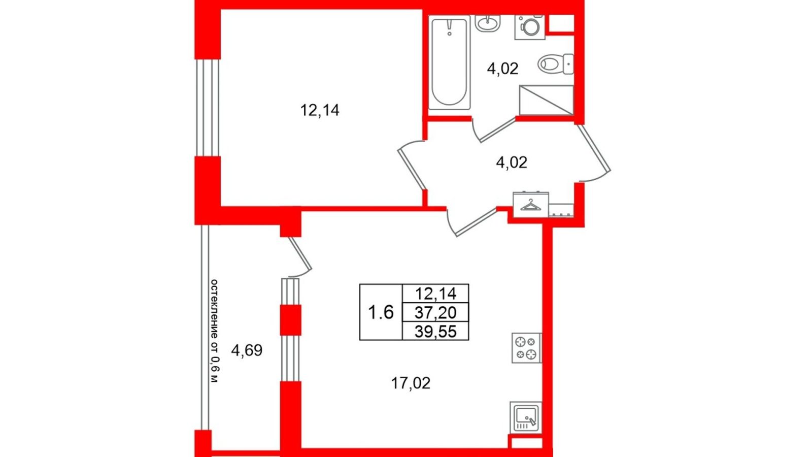 Планировка: 1-комнатная квартира, 37,2 м²