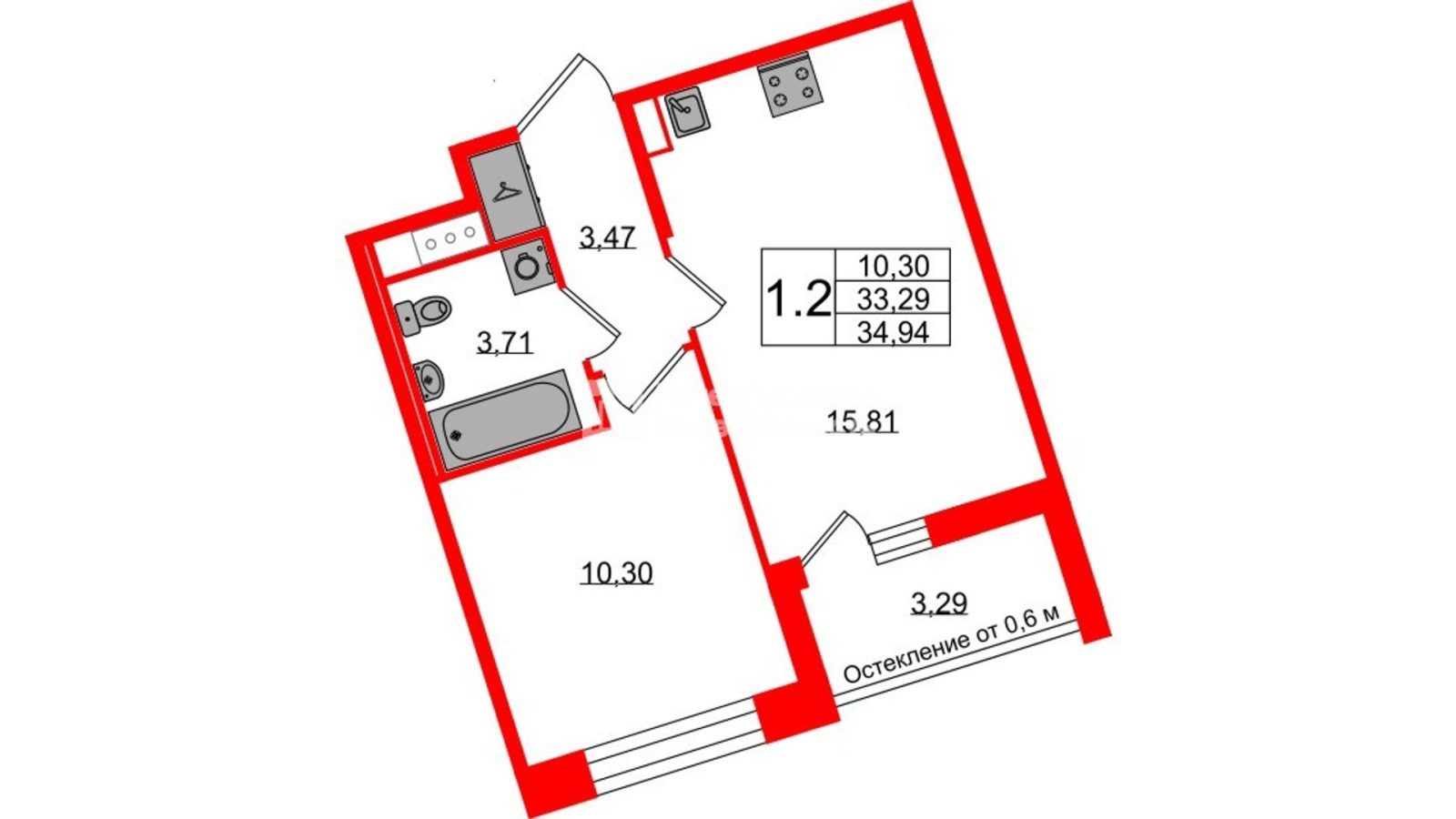 Планировка: 1-комнатная квартира, 33,3 м²