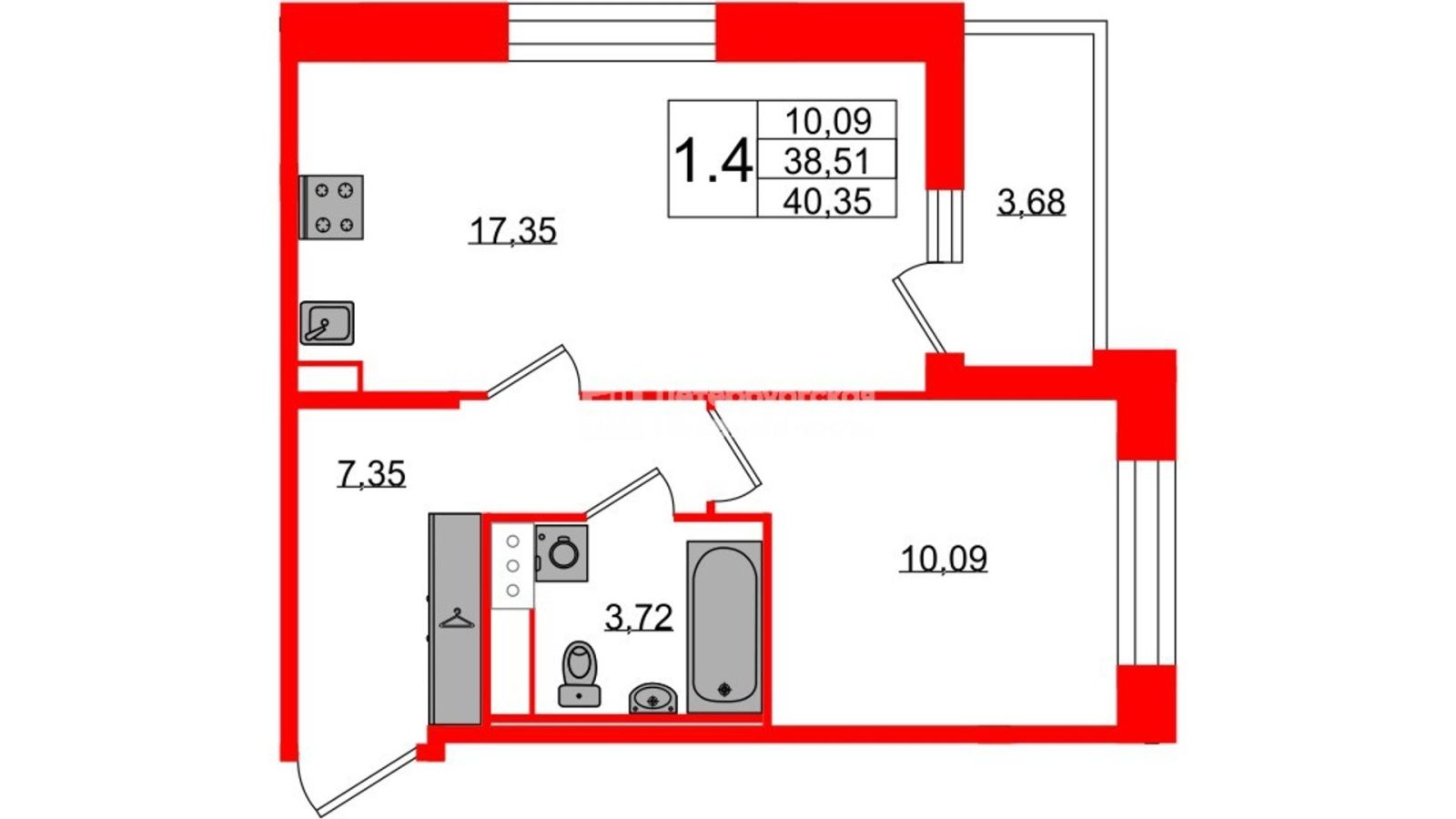 Планировка: 1-комнатная квартира, 38,5 м²