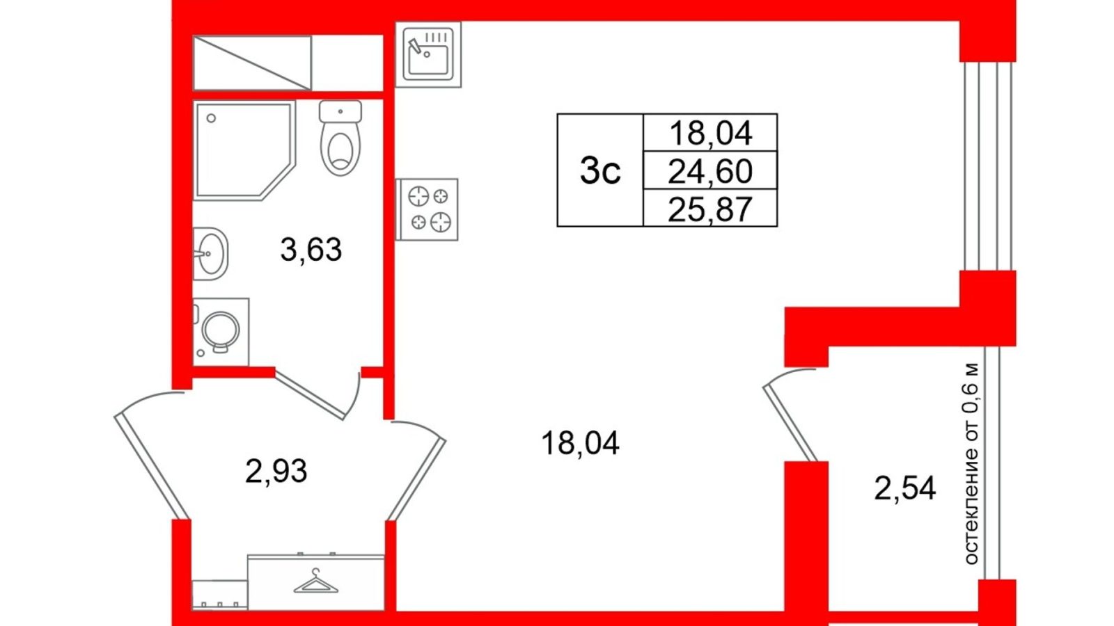 Планировка: студия, 24,6 м²