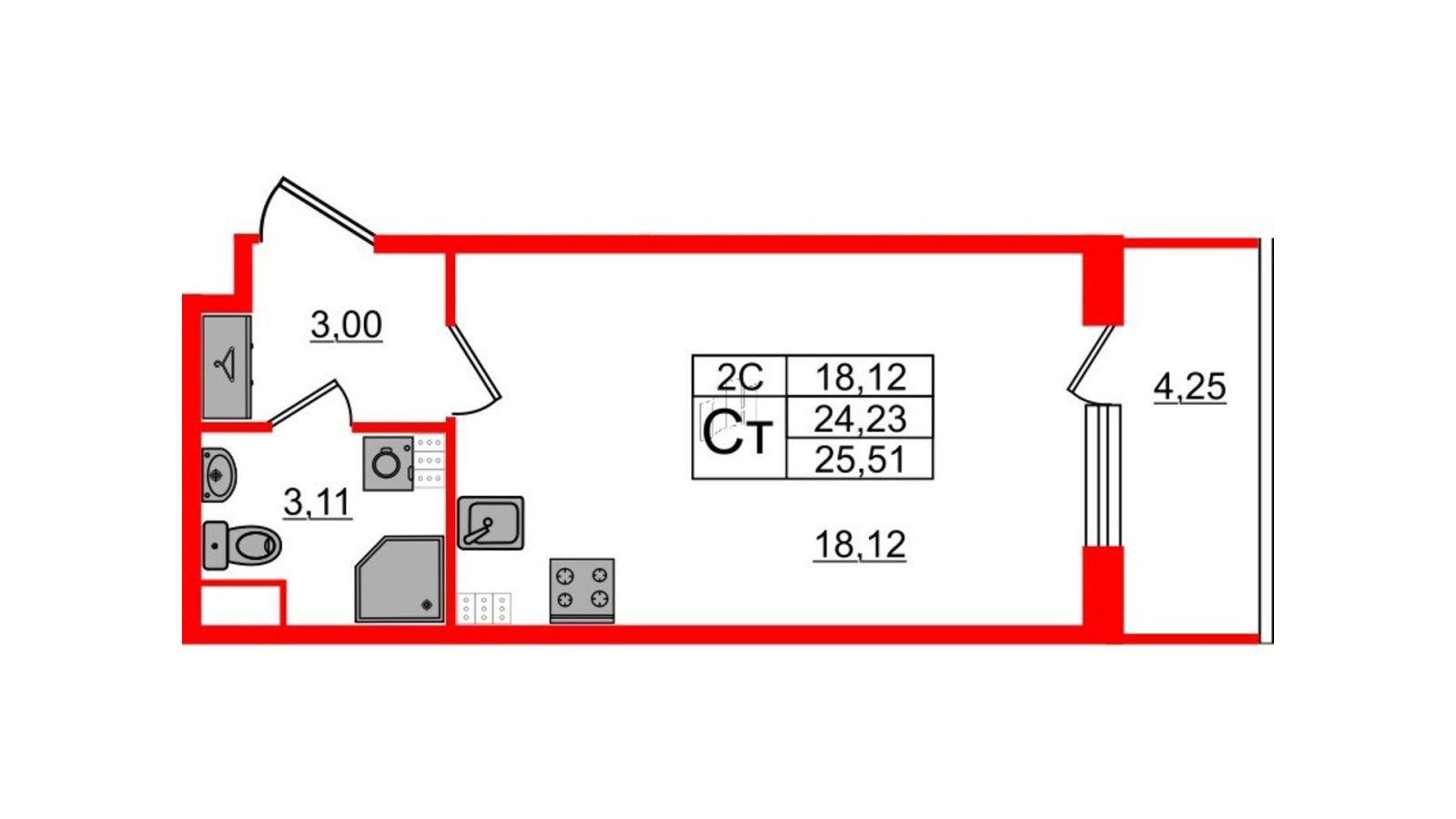 Планировка: студия, 23,8 м²
