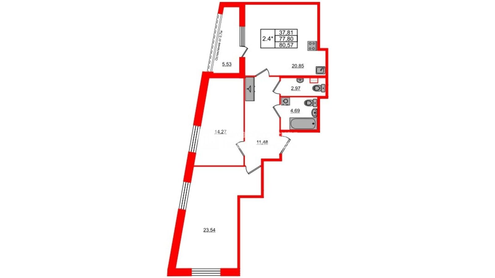 Планировка: 2-комнатная квартира, 75,3 м²