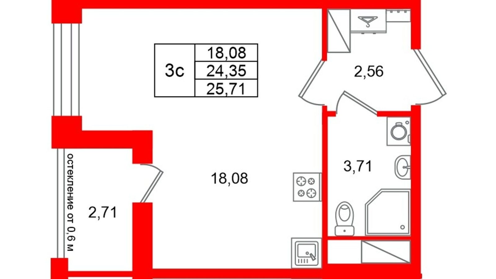 Планировка: студия, 24,4 м²