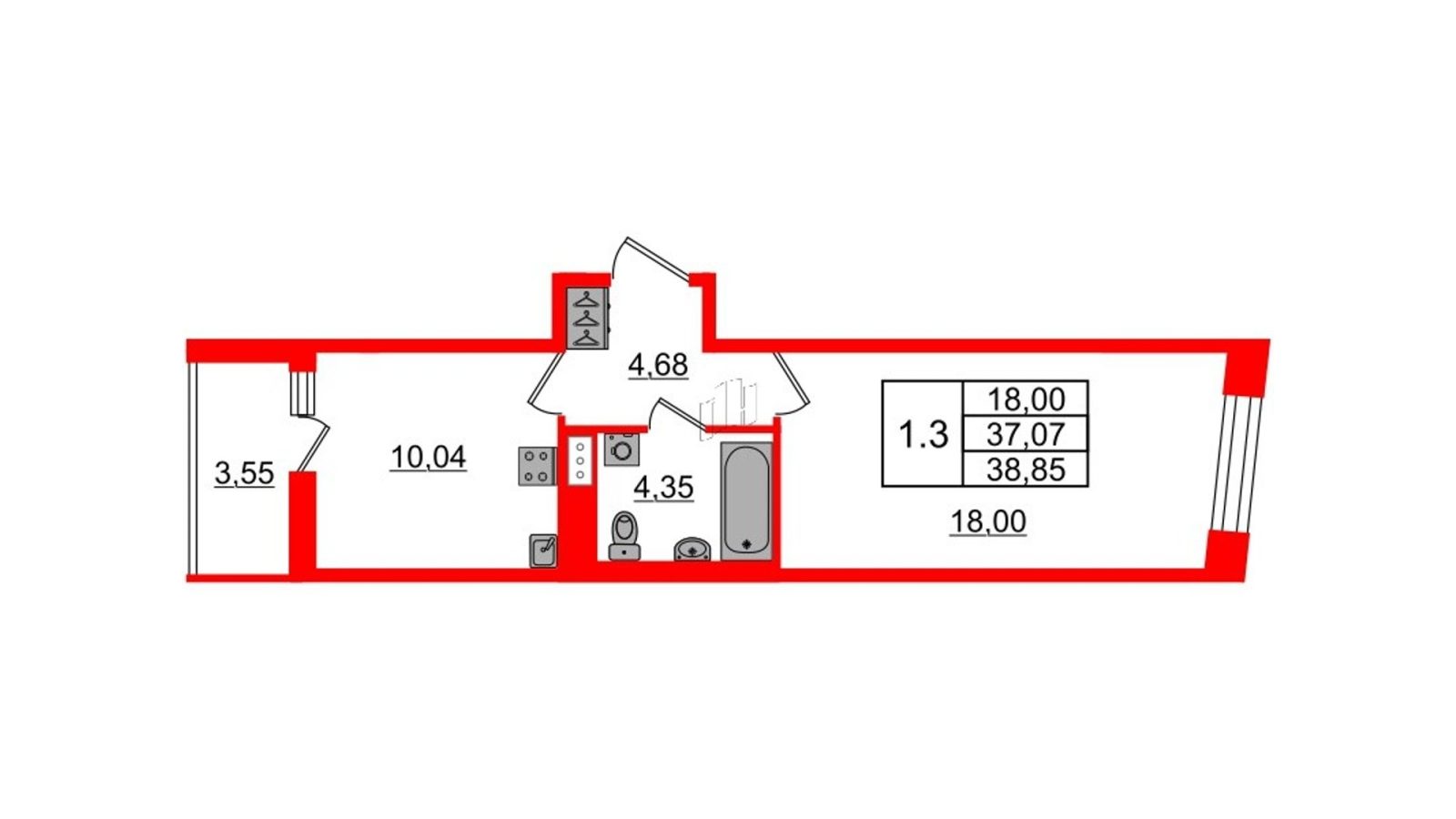 Планировка: 1-комнатная квартира, 37,1 м²