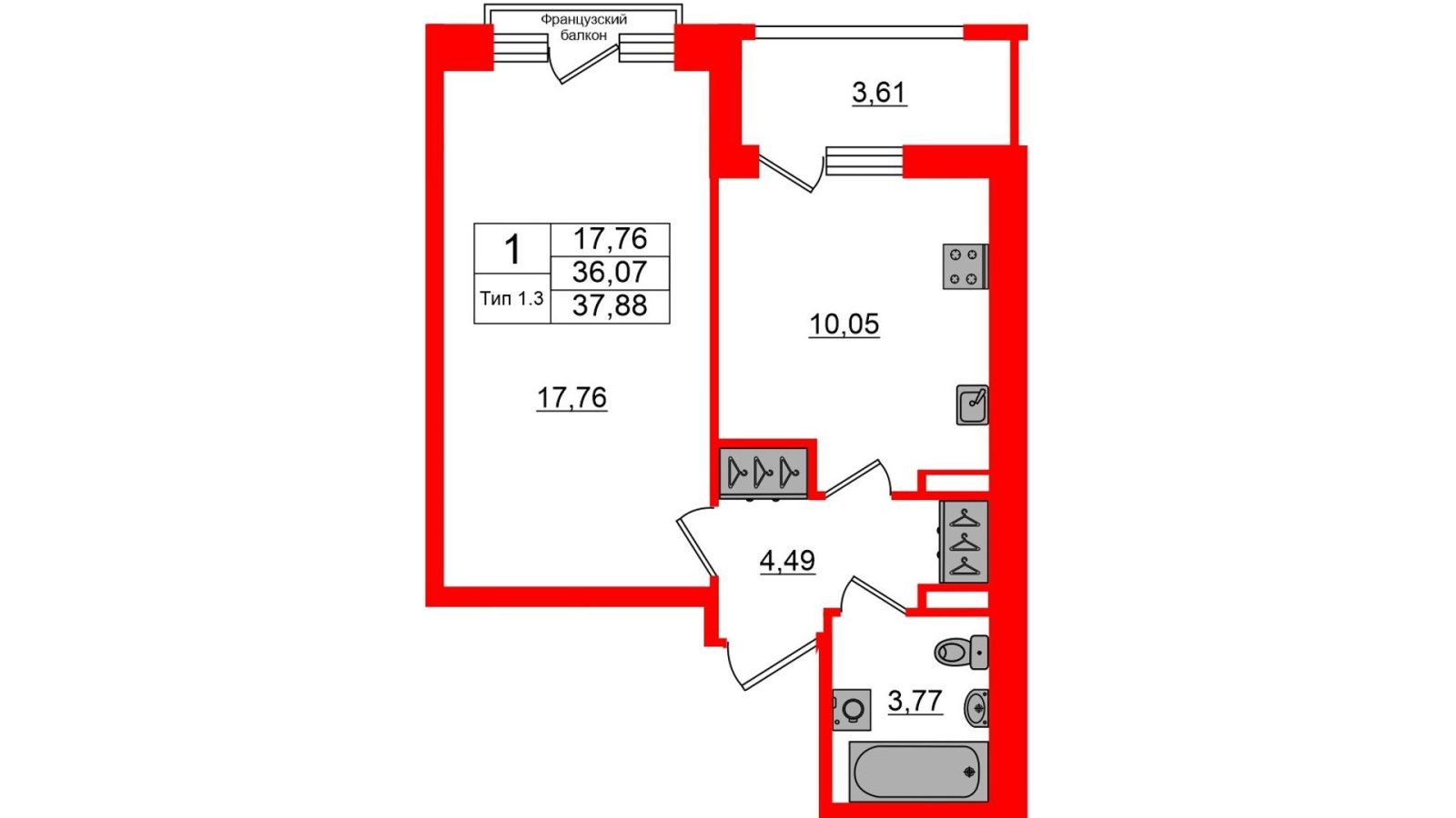 Планировка: 1-комнатная квартира, 36,1 м²
