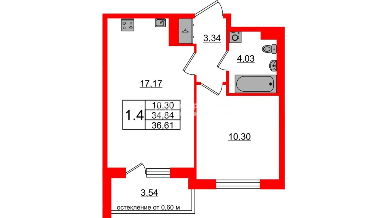Планировка: 1-комнатная квартира, 34,8 м²