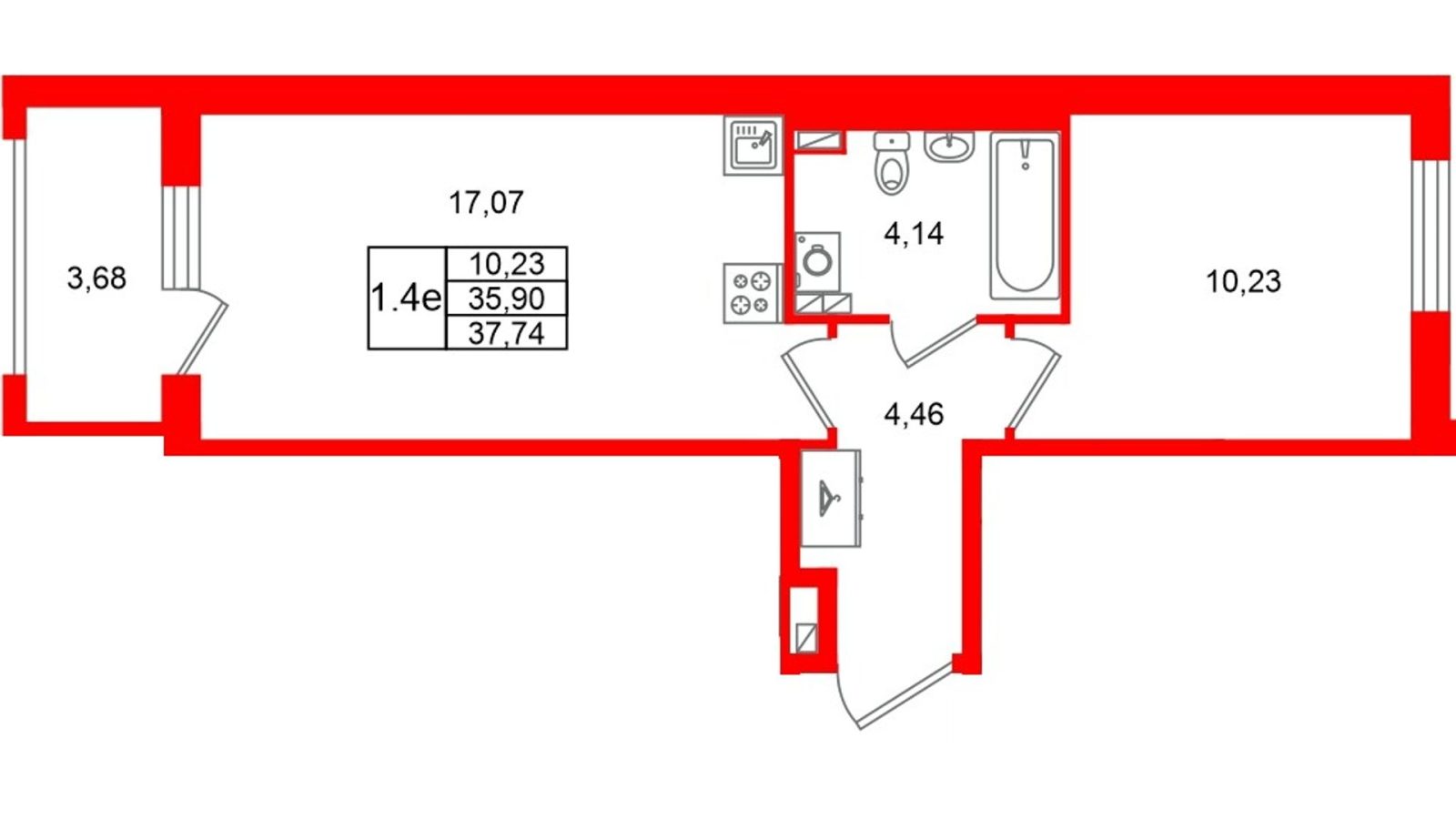 Планировка: 1-комнатная квартира, 35,9 м²