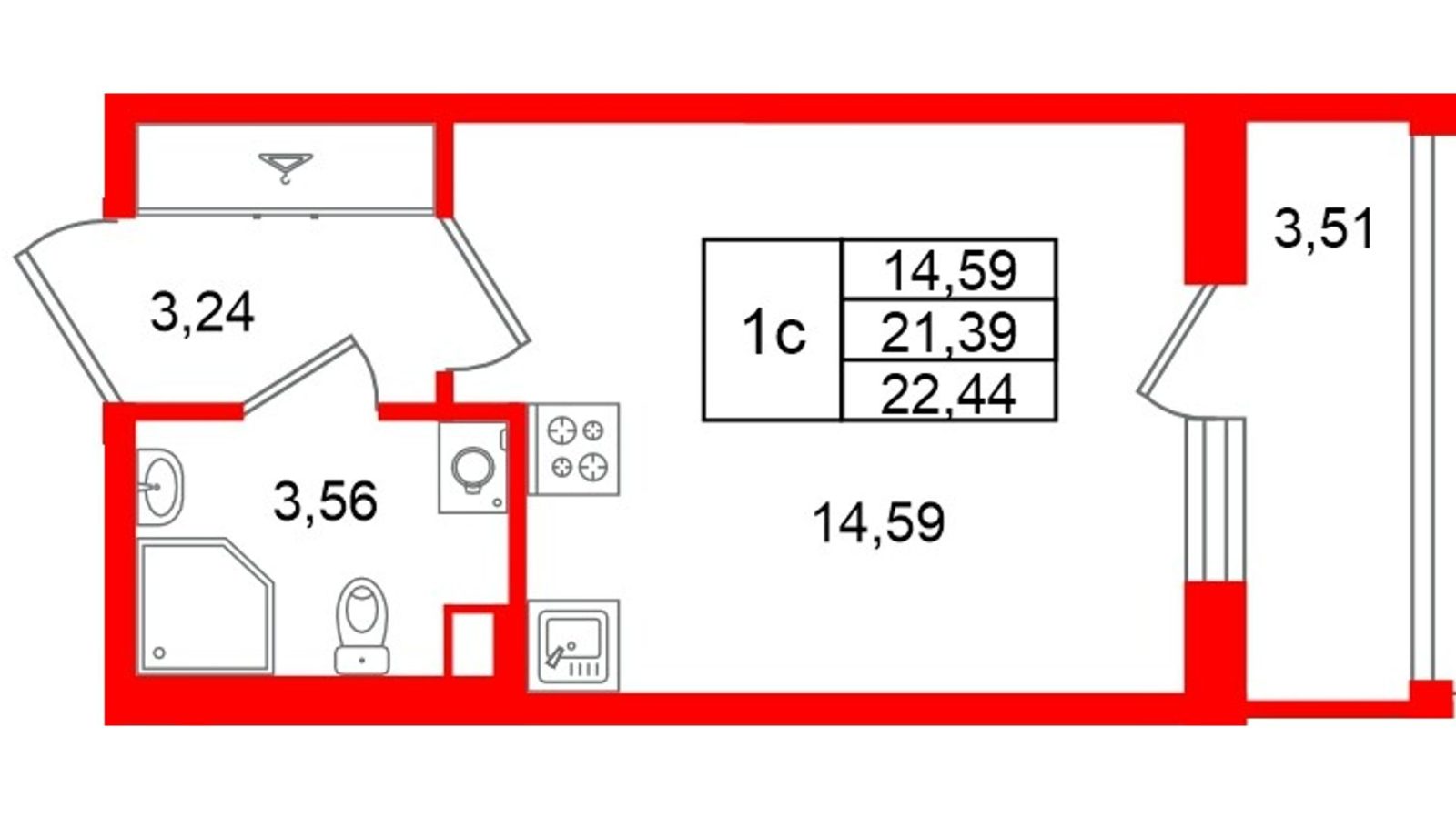 Планировка: студия, 21,4 м²