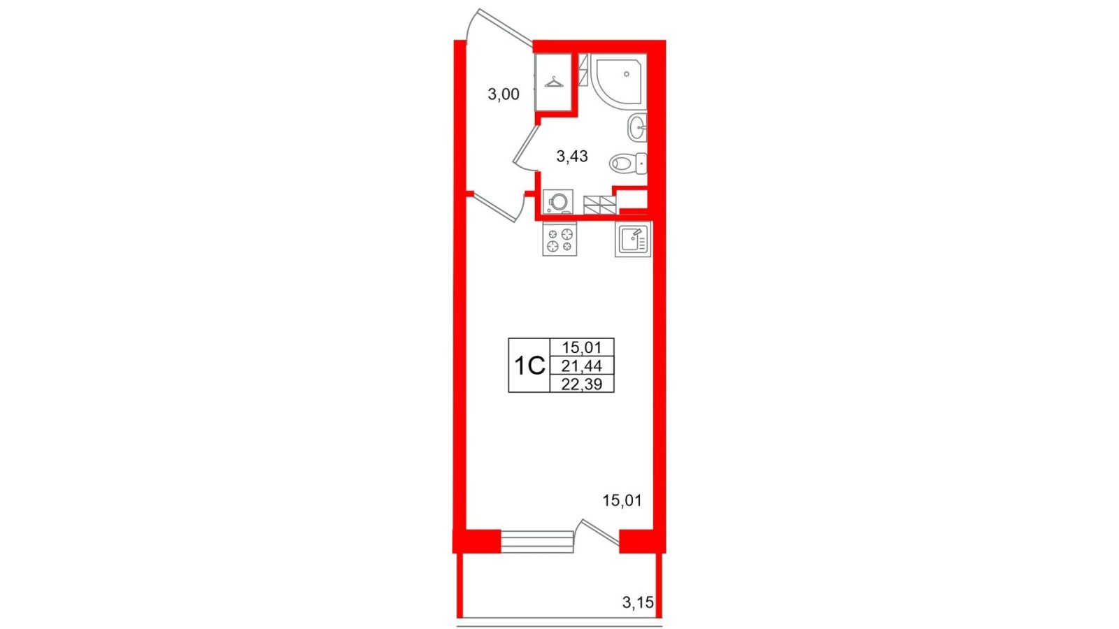 Планировка: студия, 21,4 м²