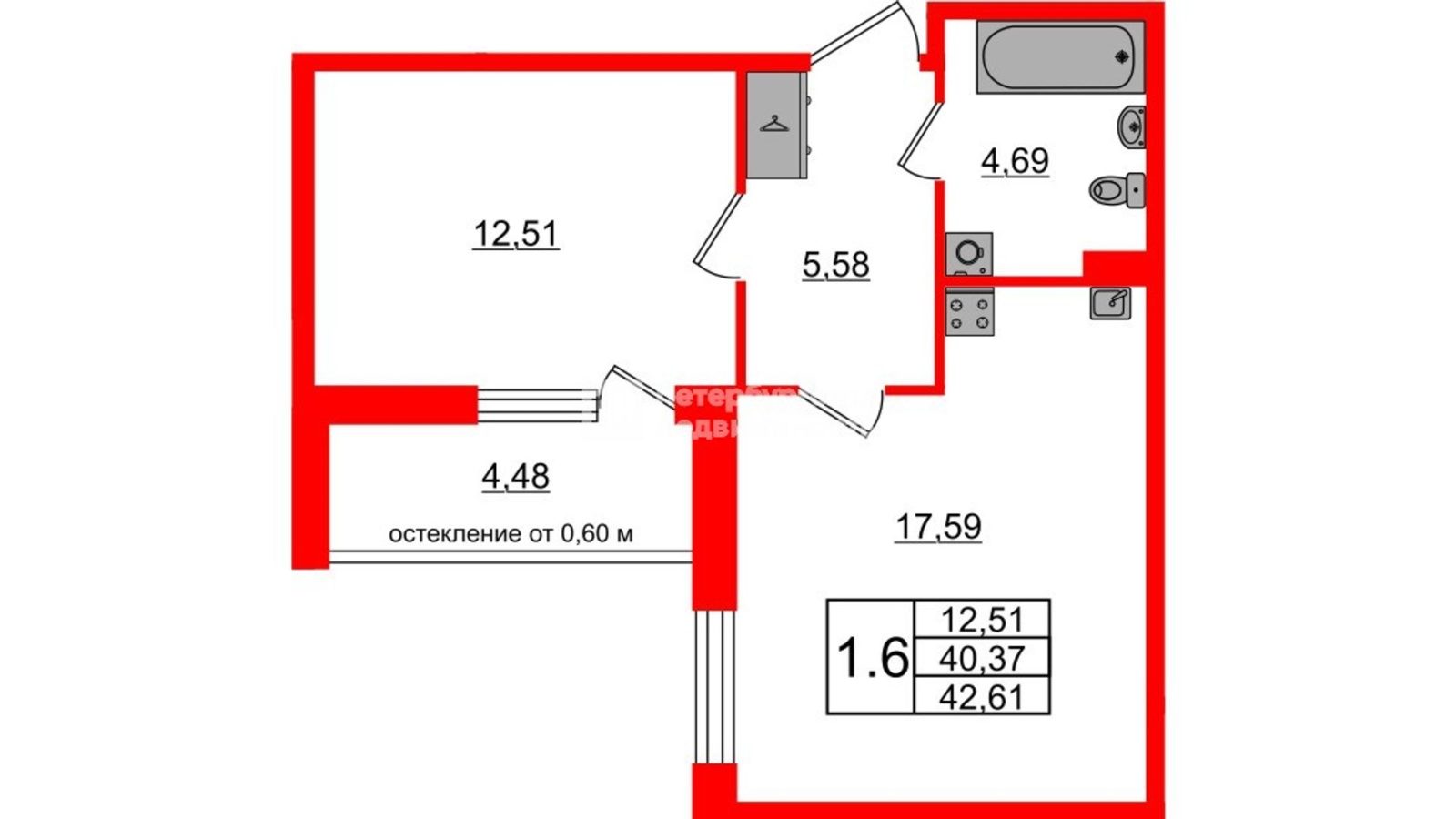 Планировка: 1-комнатная квартира, 40,4 м²