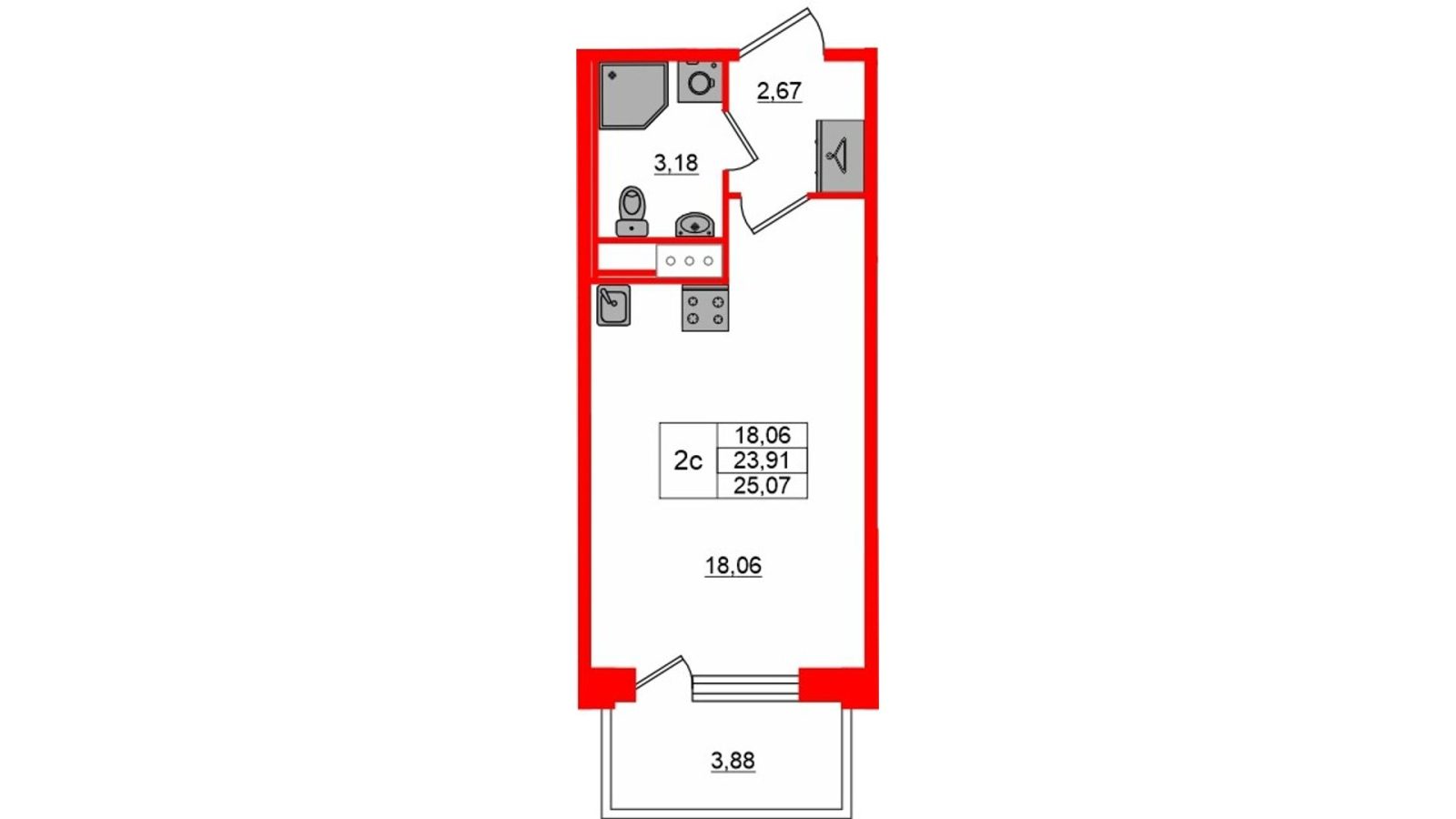 Планировка: студия, 23,9 м²