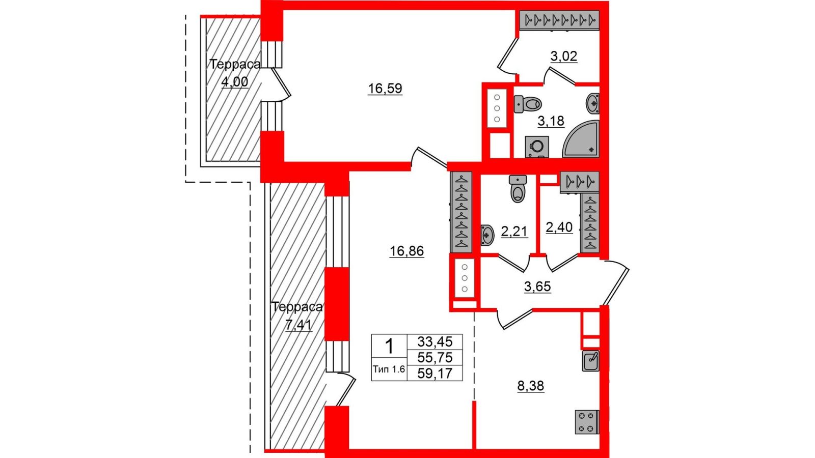 Планировка: 2-комнатная квартира, 55,8 м²