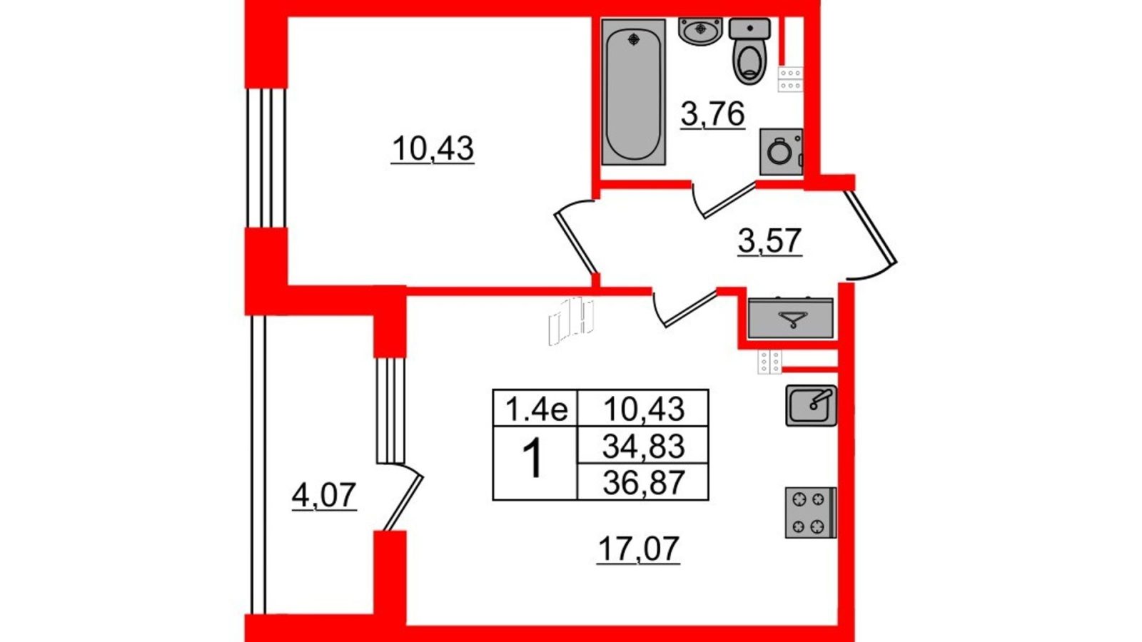 Планировка: 1-комнатная квартира, 34,2 м²