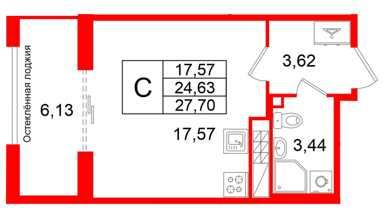 Планировка: студия, 24,6 м²