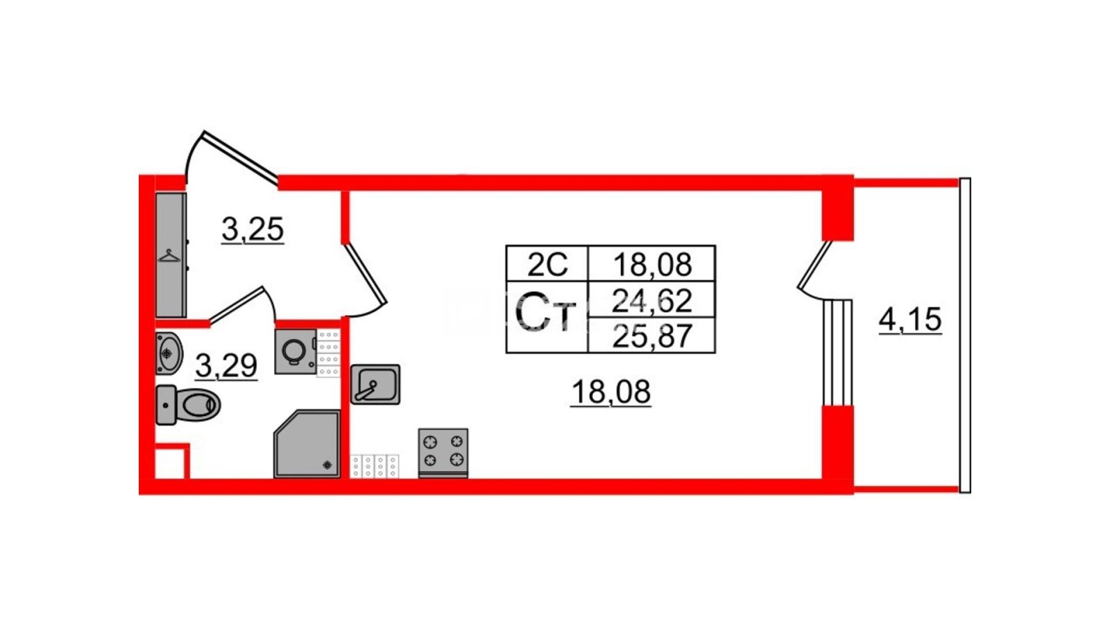 Планировка: студия, 24,1 м²