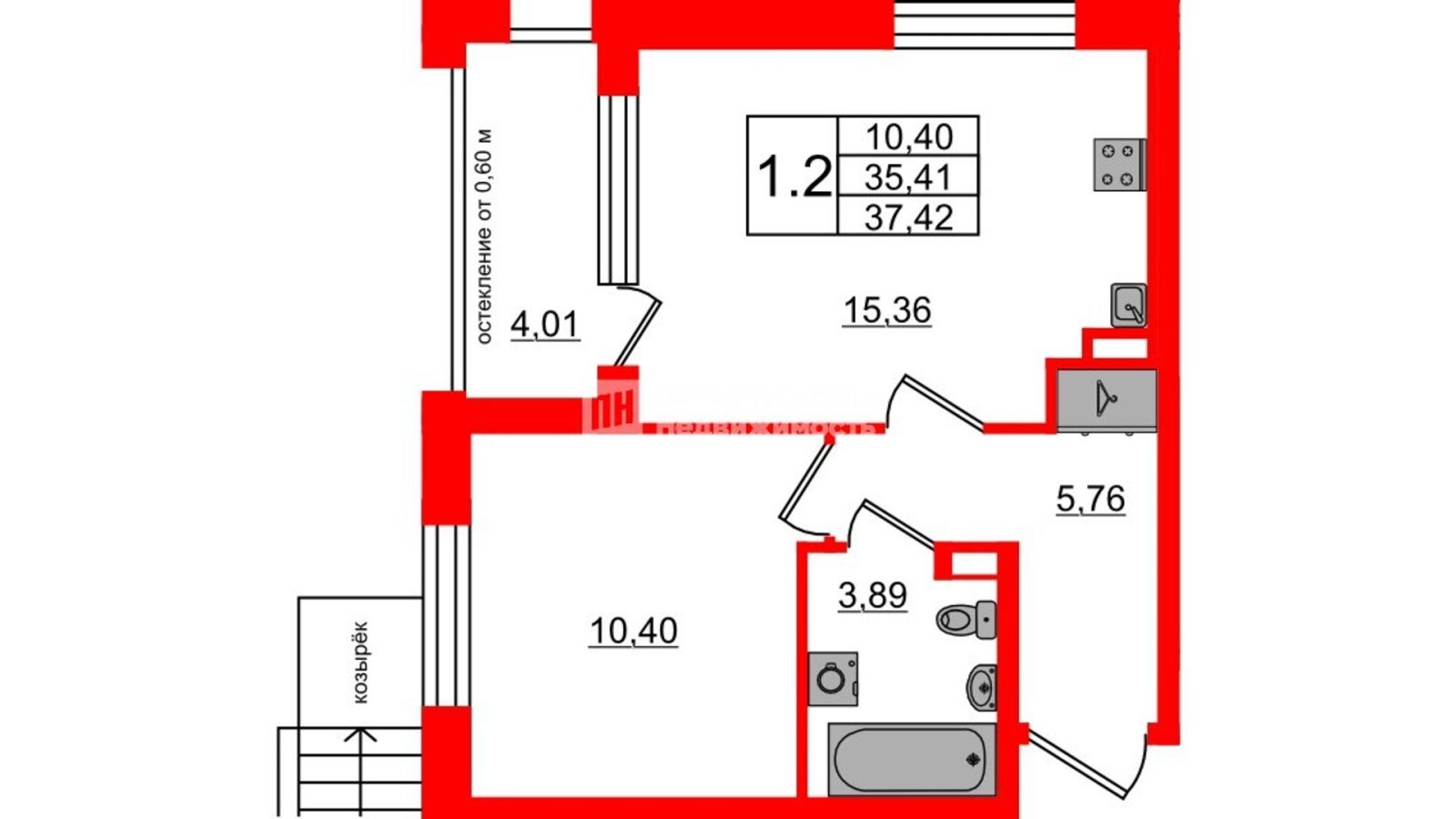 Планировка: 1-комнатная квартира, 35,4 м²