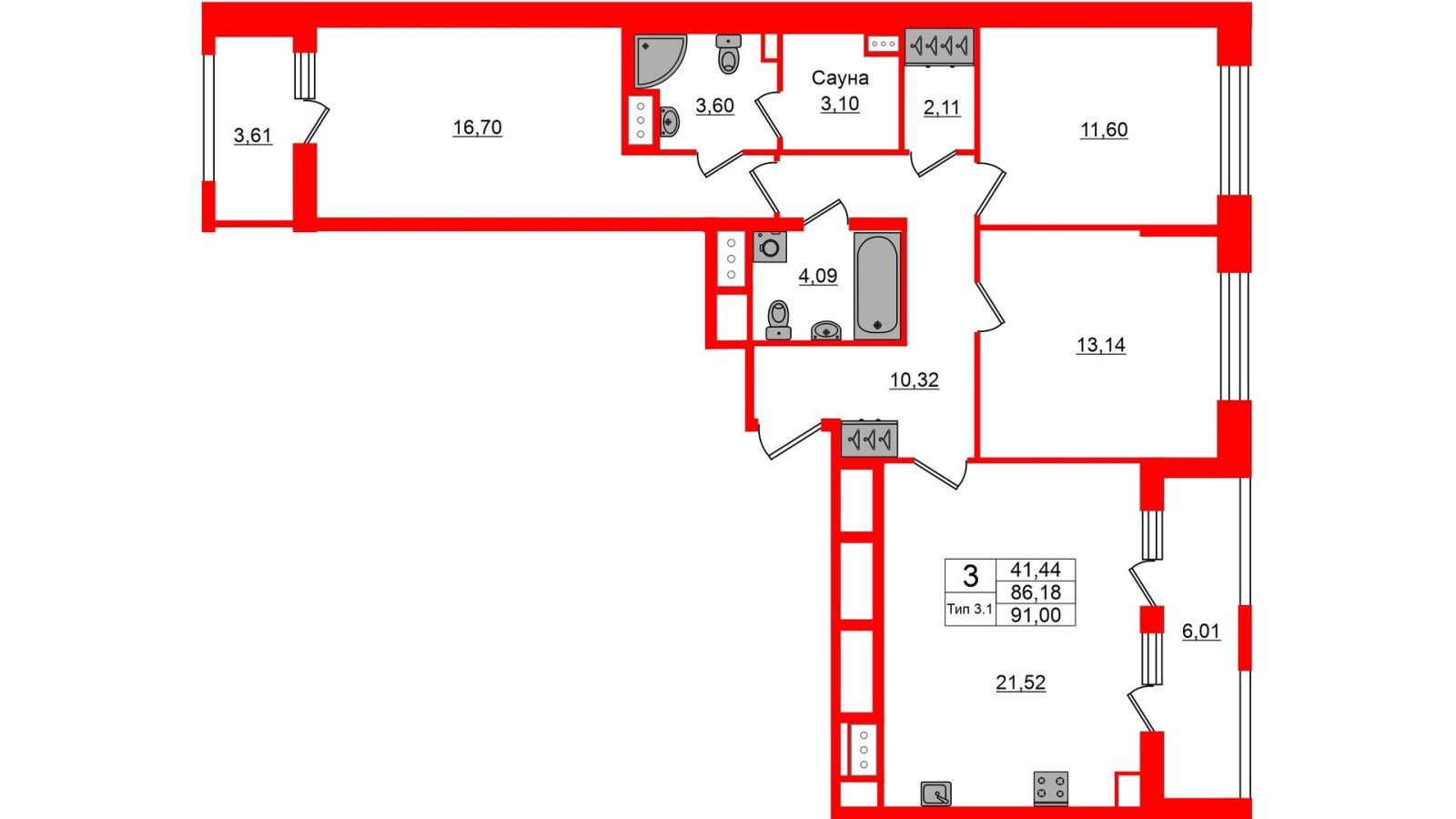 Планировка: 3-комнатная квартира, 86,2 м²