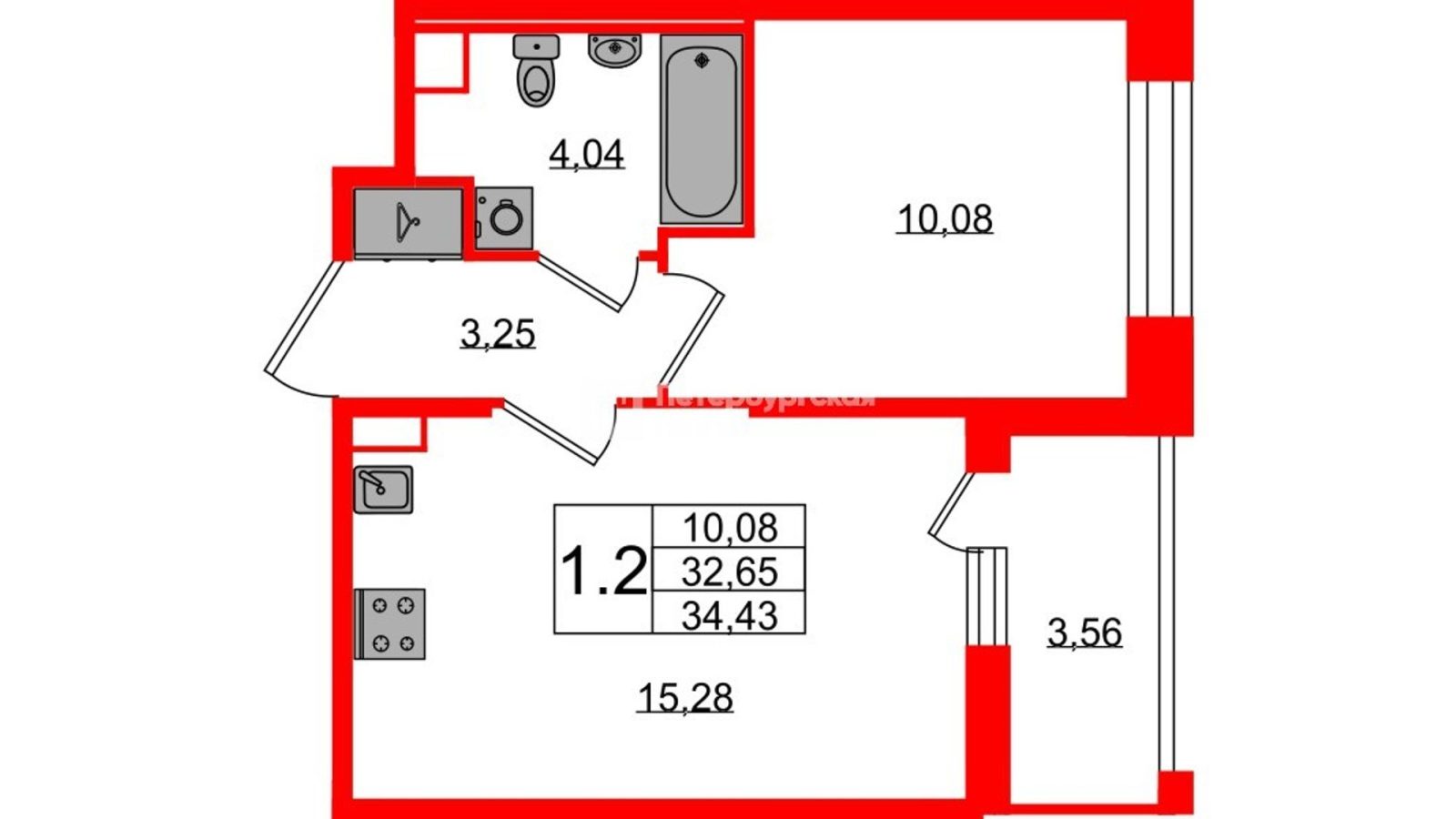 Планировка: 1-комнатная квартира, 32,7 м²