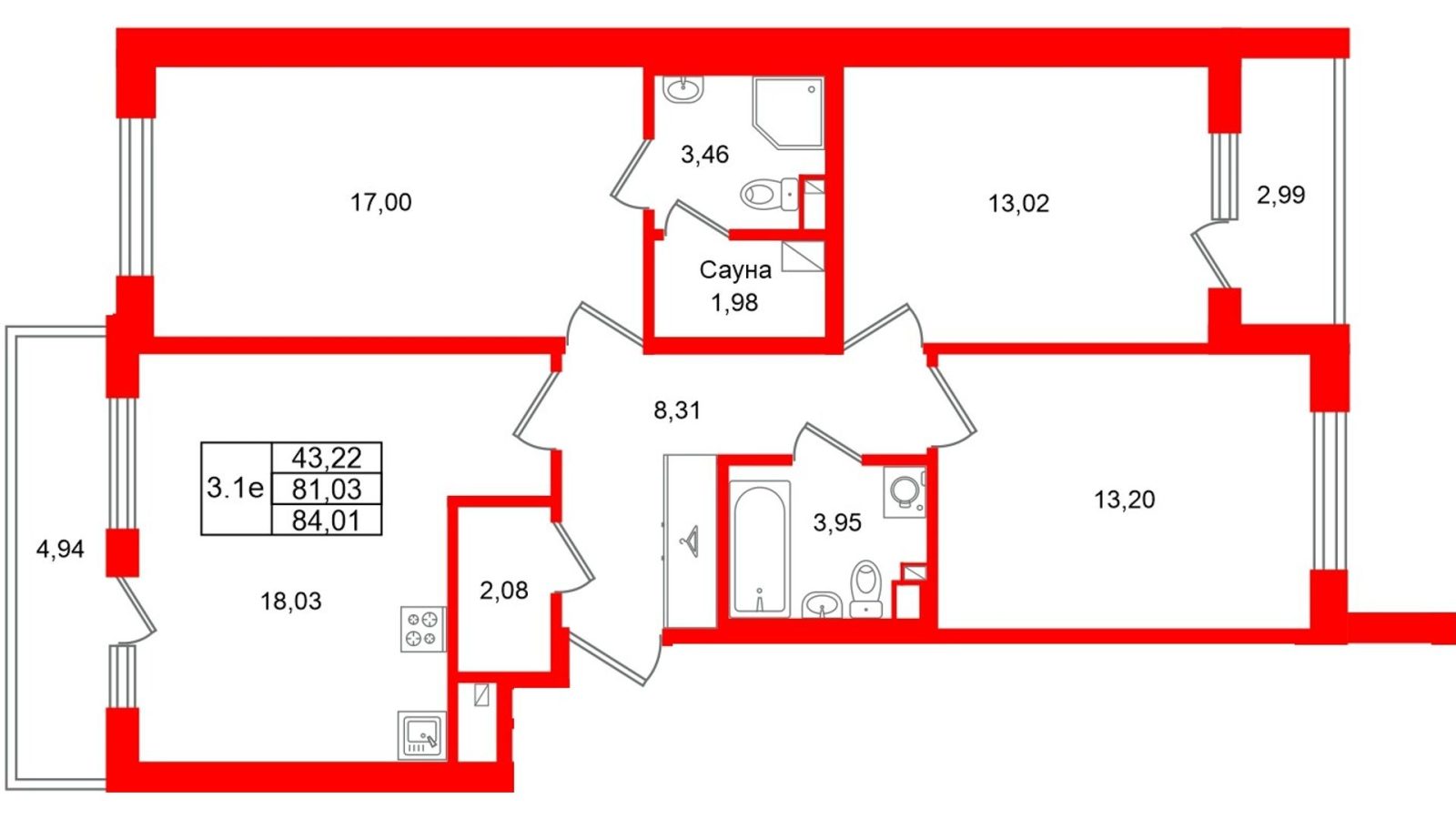 Планировка: 3-комнатная квартира, 81,0 м²