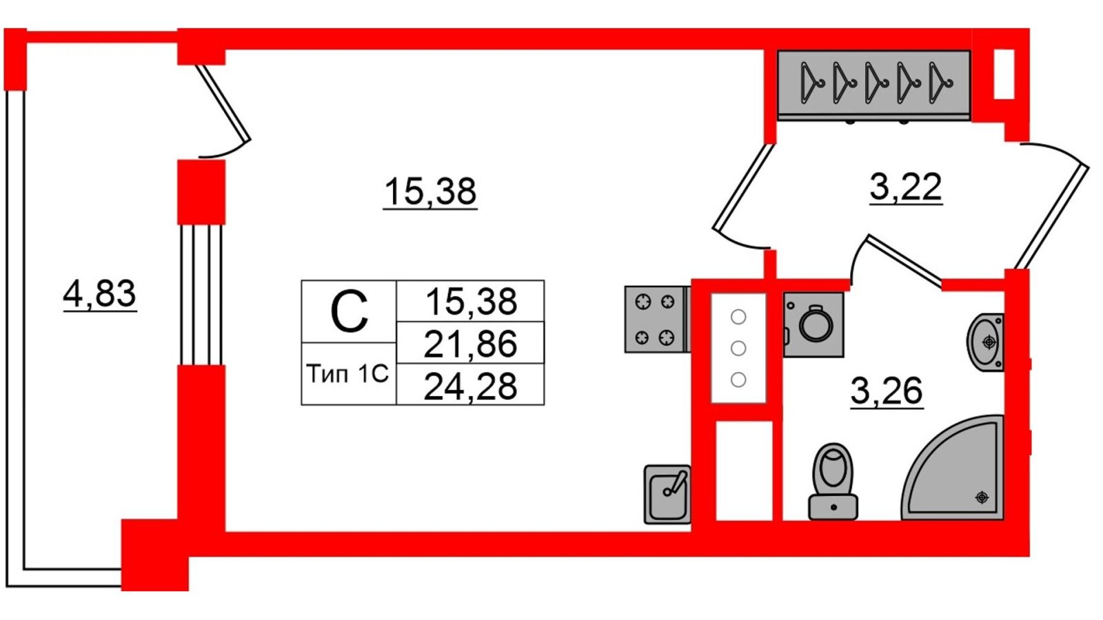 Планировка: студия, 21,9 м²