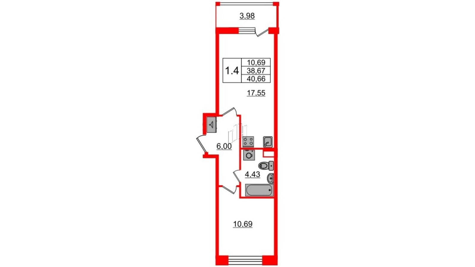 Планировка: 1-комнатная квартира, 38,7 м²