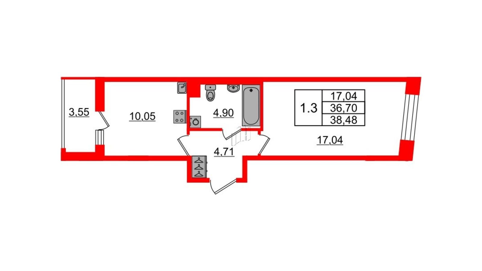Планировка: 1-комнатная квартира, 36,7 м²