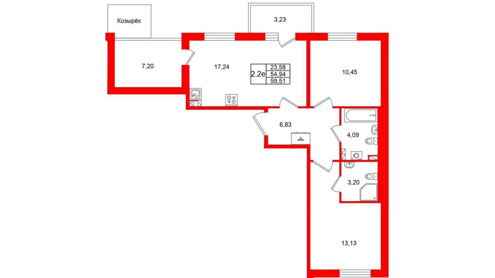 Планировка: 2-комнатная квартира, 54,9 м²
