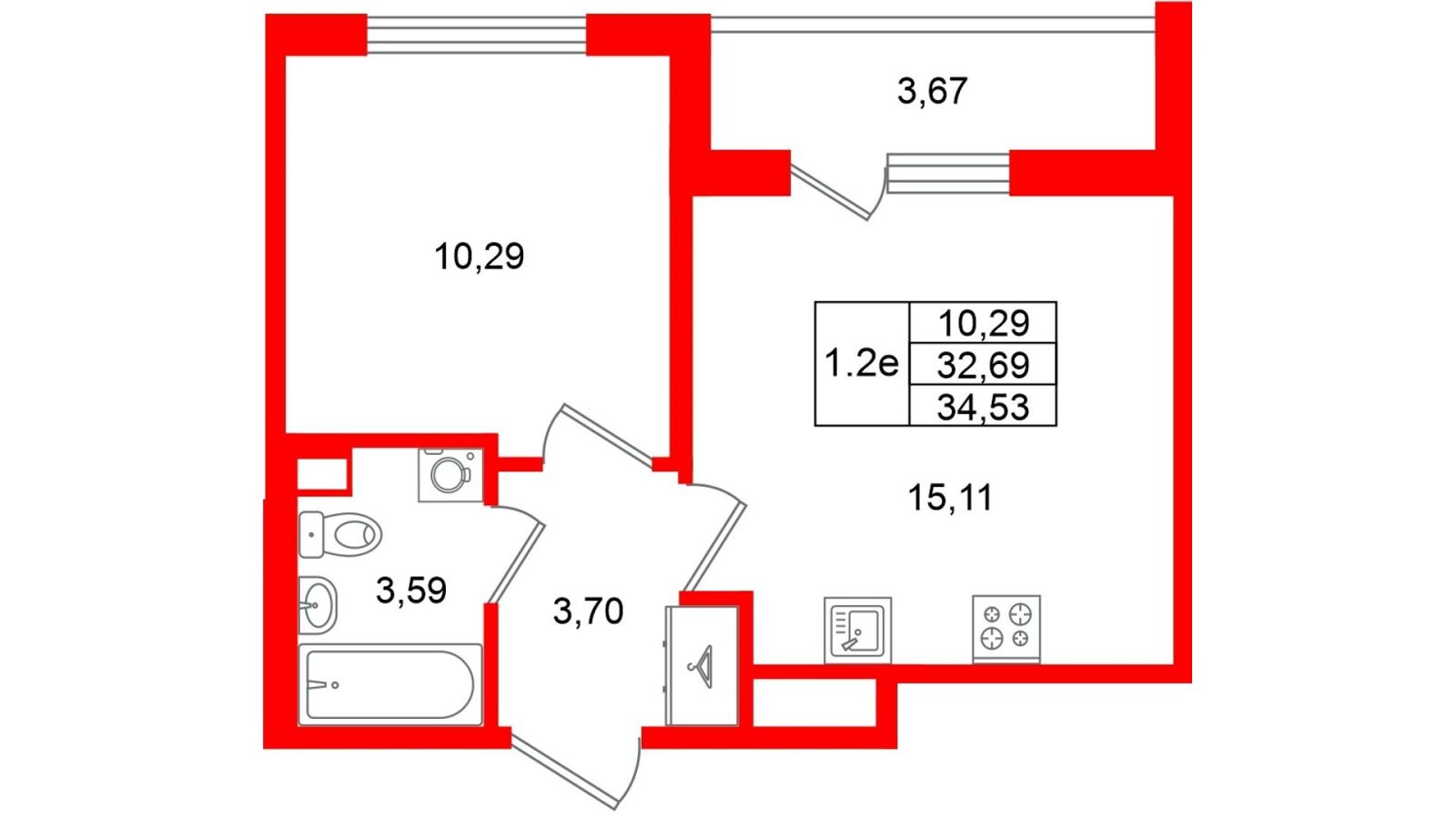 Планировка: 1-комнатная квартира, 32,7 м²