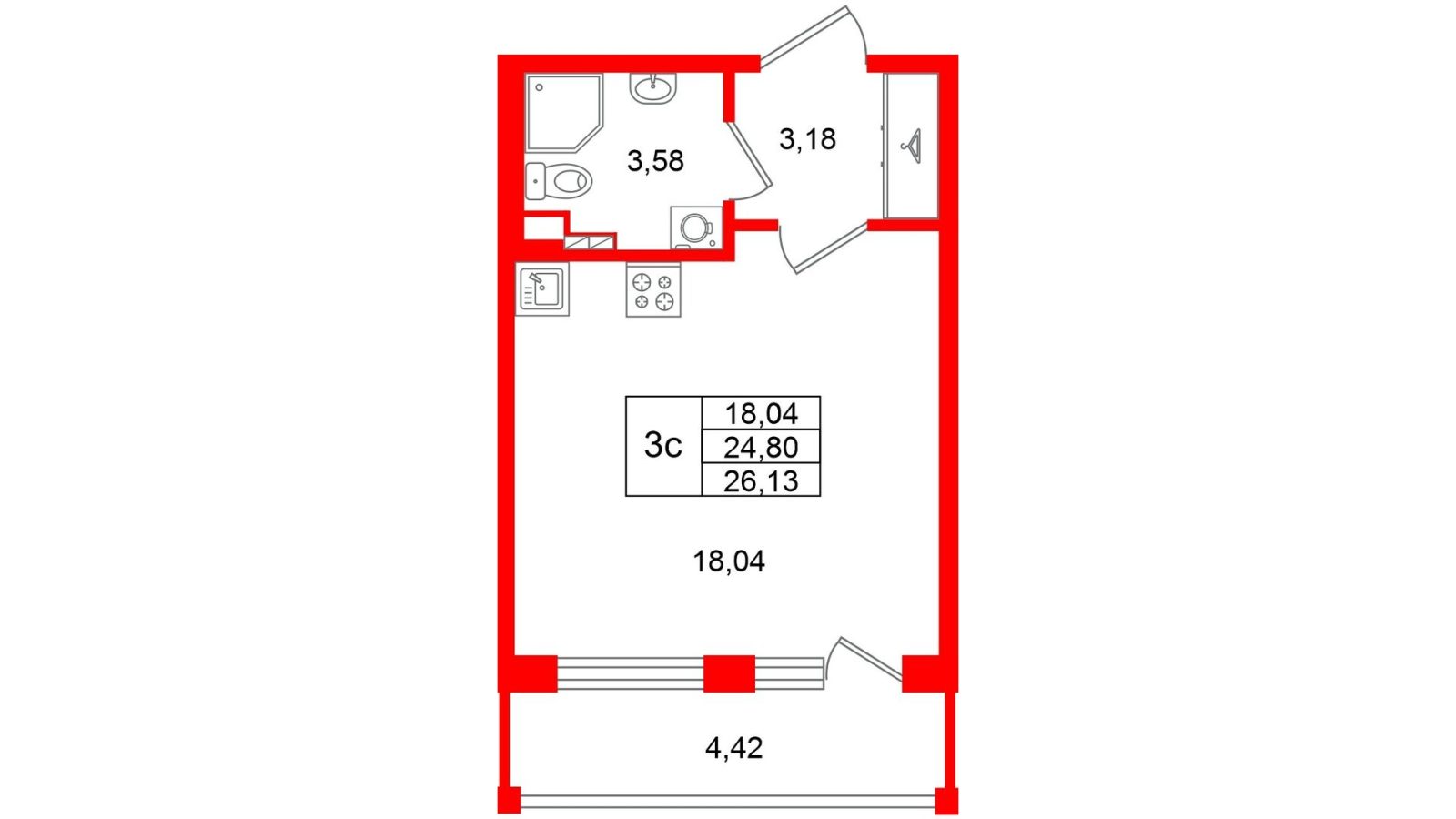 Планировка: студия, 24,8 м²