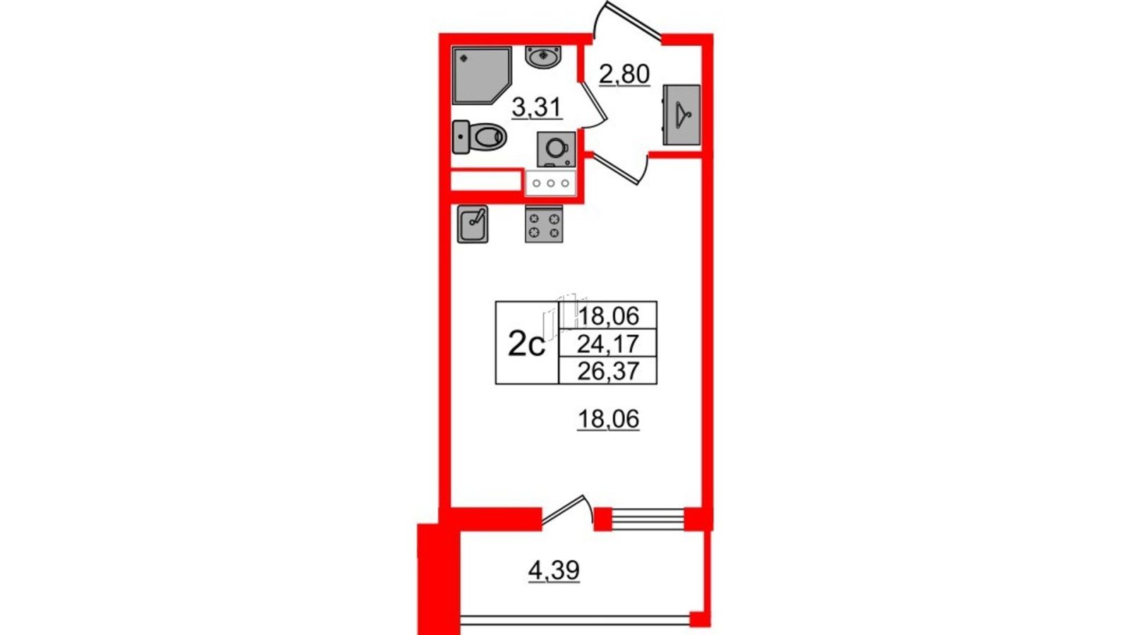 Планировка: студия, 24,2 м²
