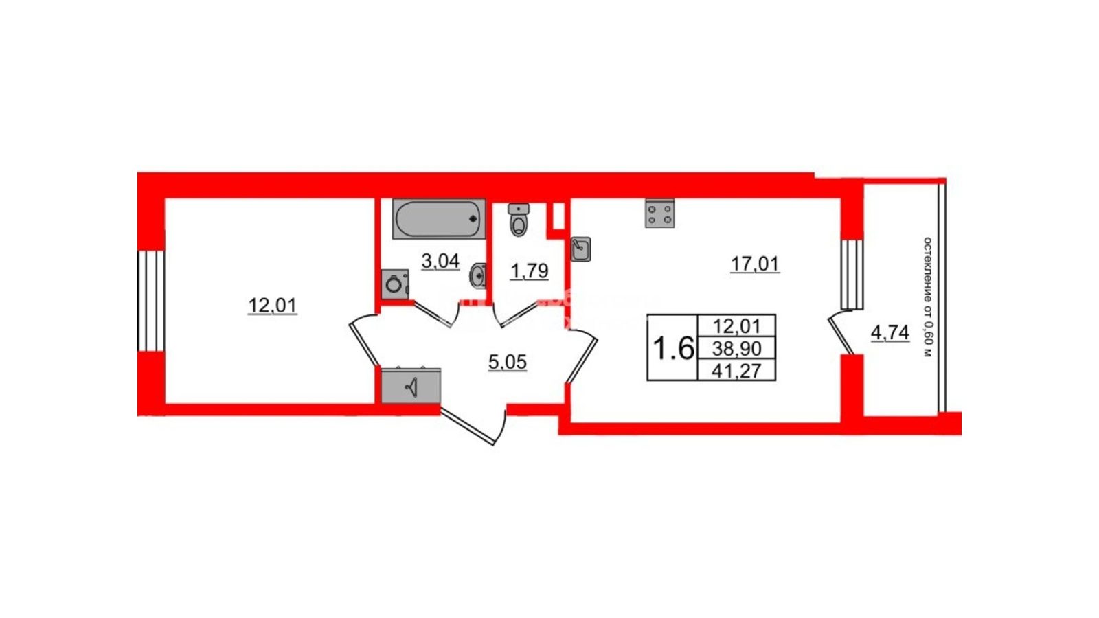 Планировка: 1-комнатная квартира, 38,9 м²