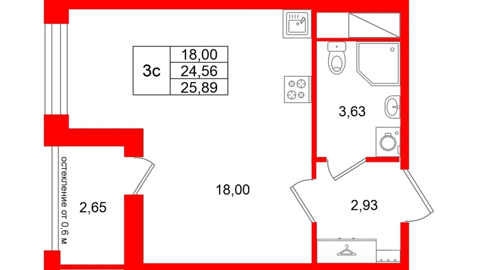 Планировка: студия, 24,6 м²