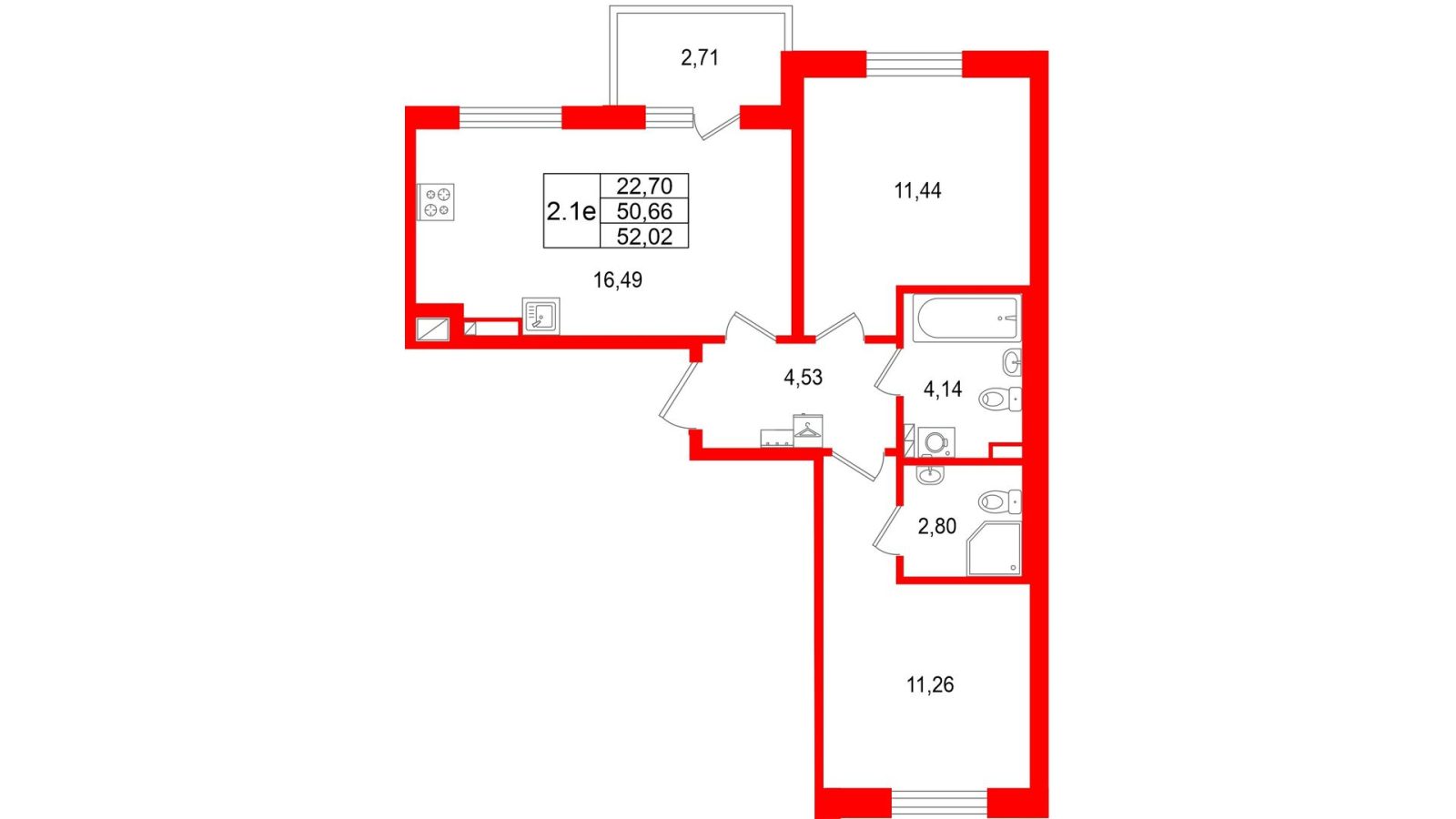 Планировка: 2-комнатная квартира, 50,7 м²