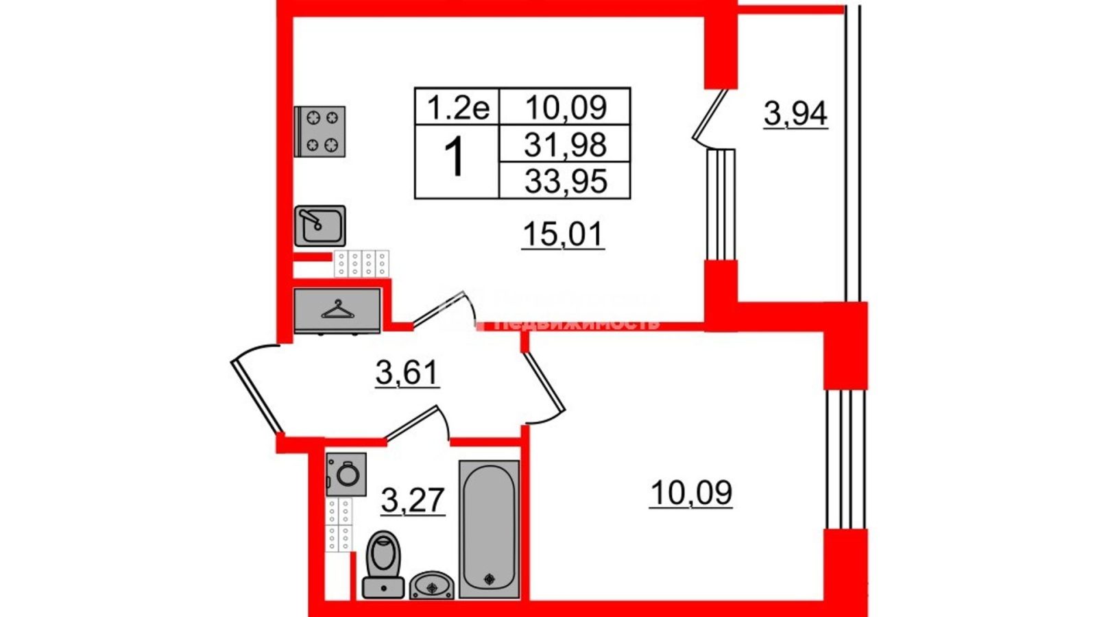 Планировка: 1-комнатная квартира, 31,4 м²