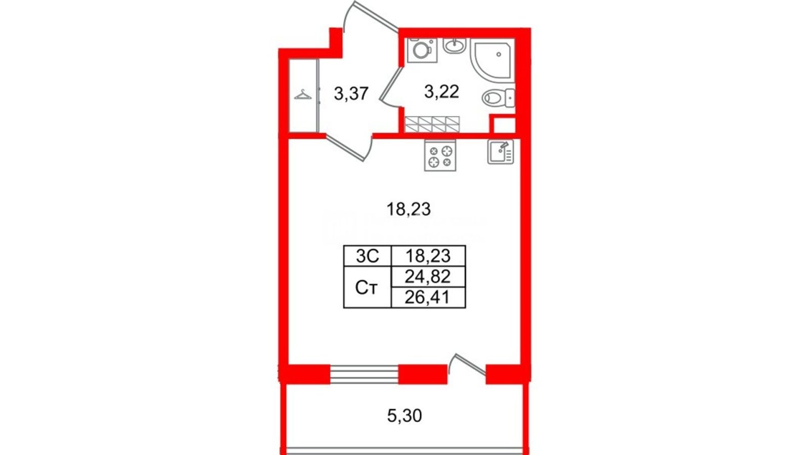 Планировка: студия, 24,8 м²