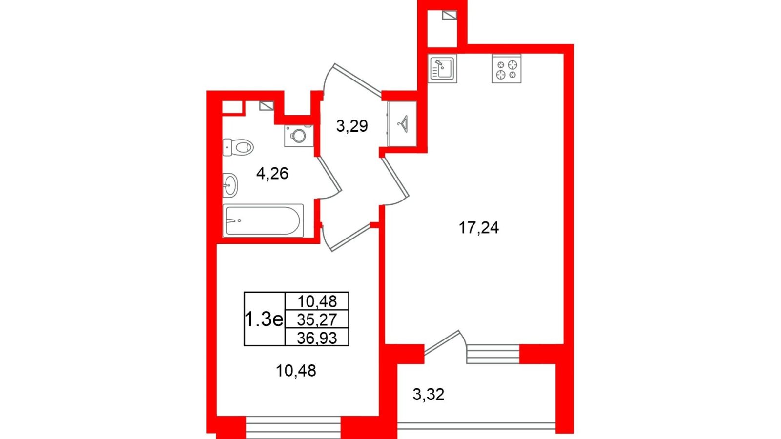 Планировка: 1-комнатная квартира, 35,3 м²