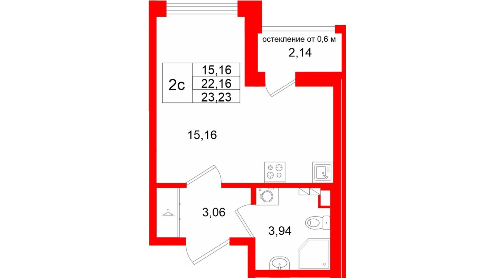 Планировка: студия, 22,2 м²
