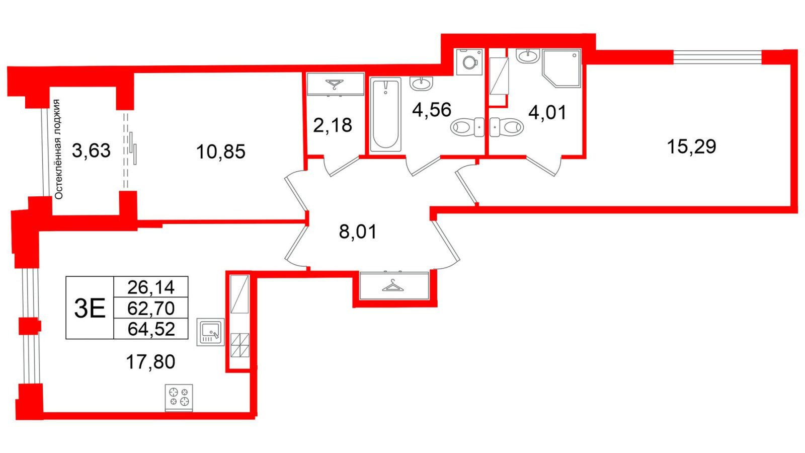 Планировка: 2-комнатная квартира, 62,7 м²