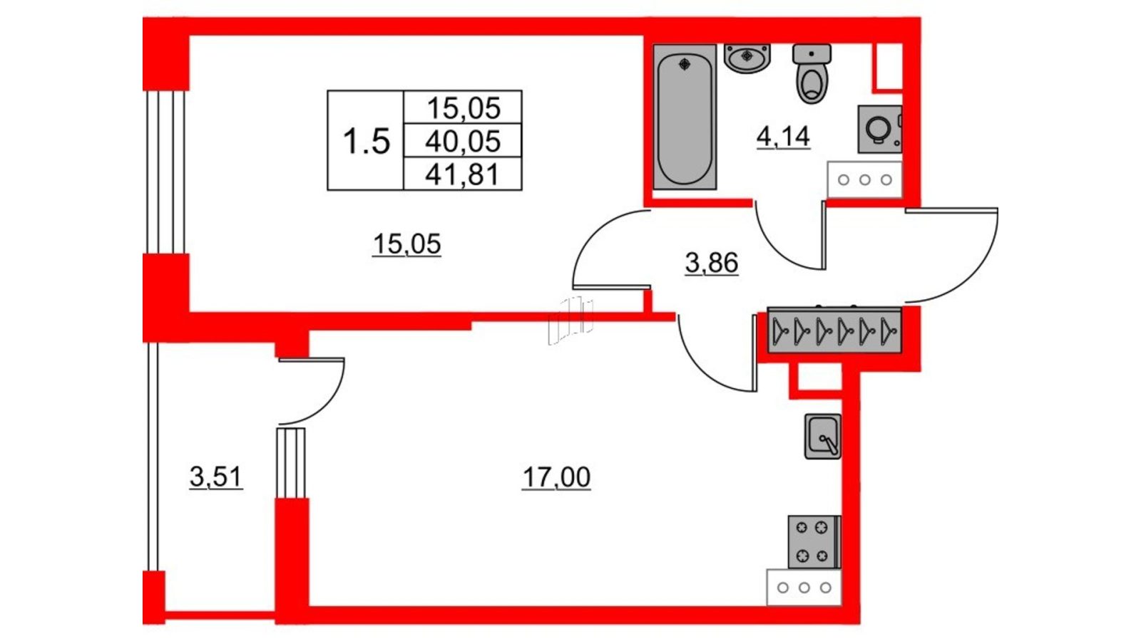 Планировка: 1-комнатная квартира, 40,1 м²