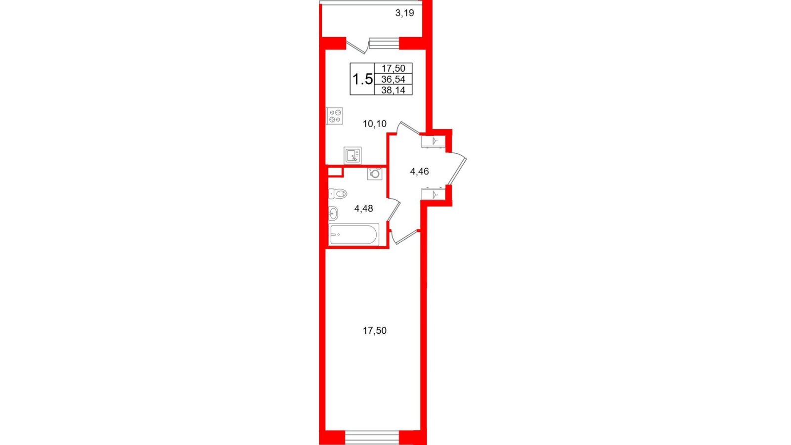 Планировка: 1-комнатная квартира, 36,5 м²