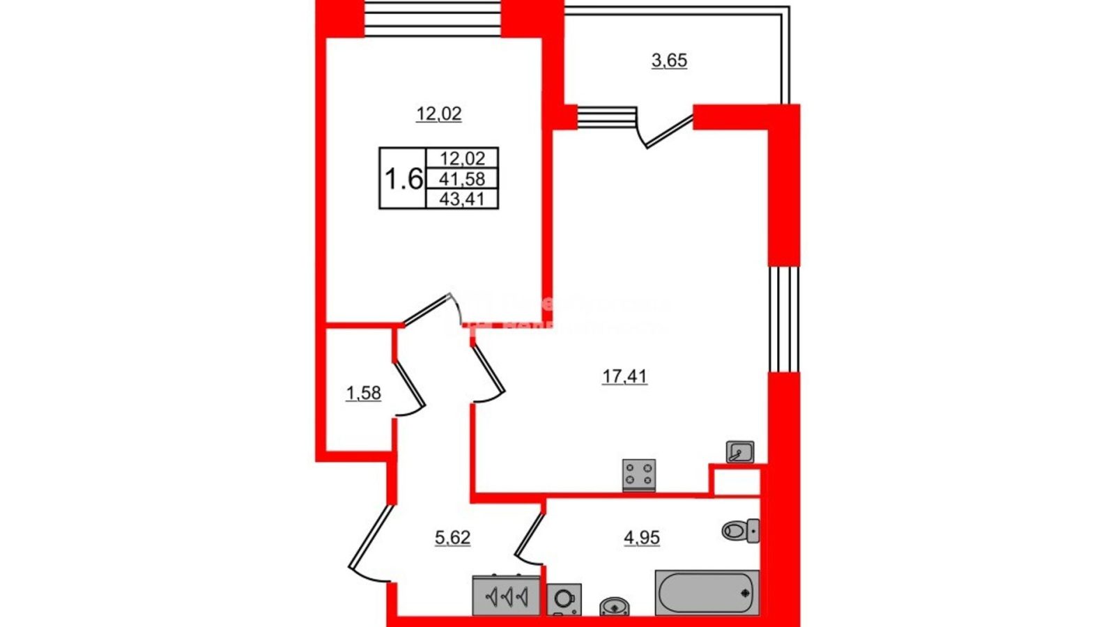 Планировка: 1-комнатная квартира, 41,6 м²