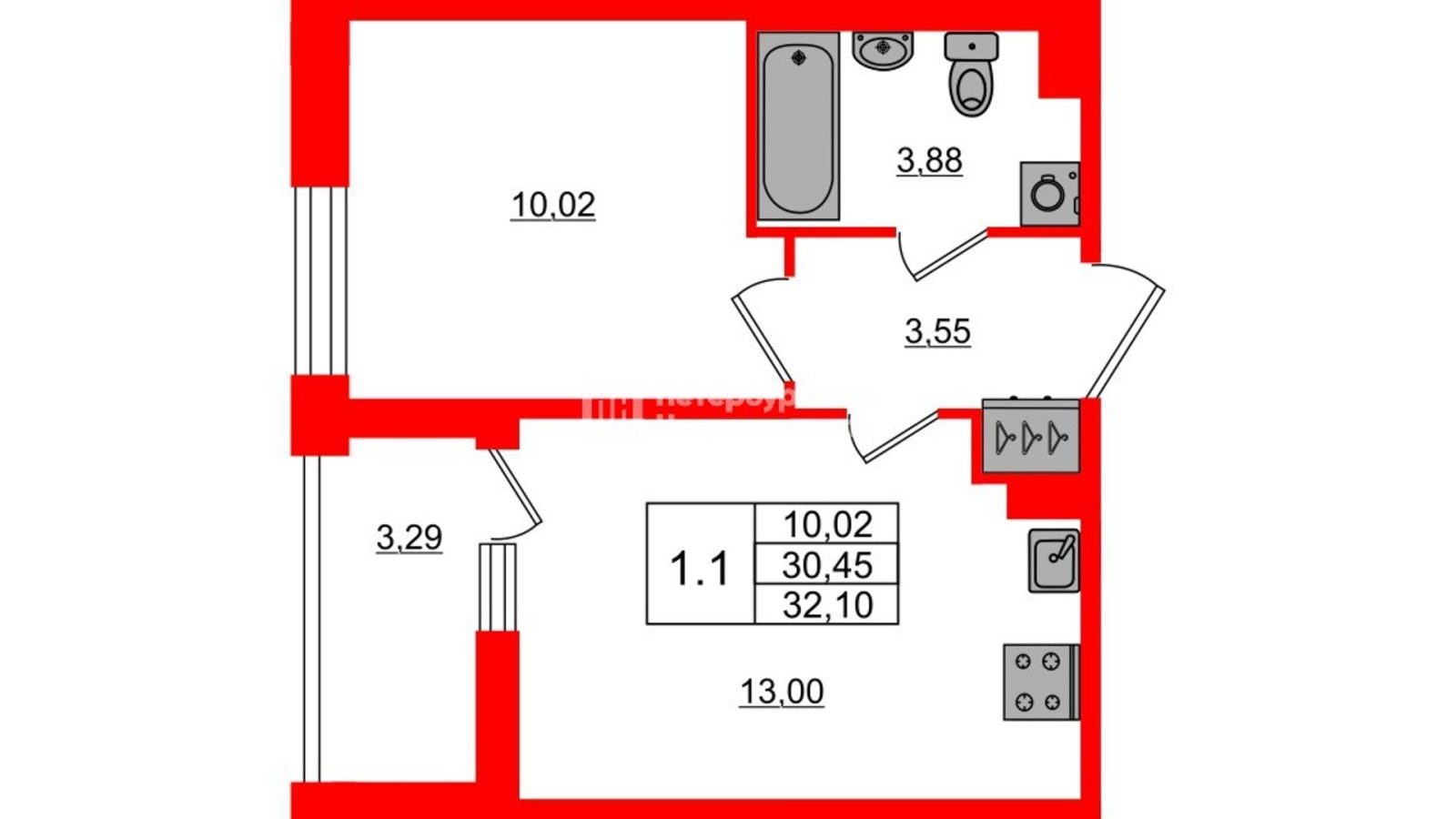 Планировка: 1-комнатная квартира, 30,5 м²