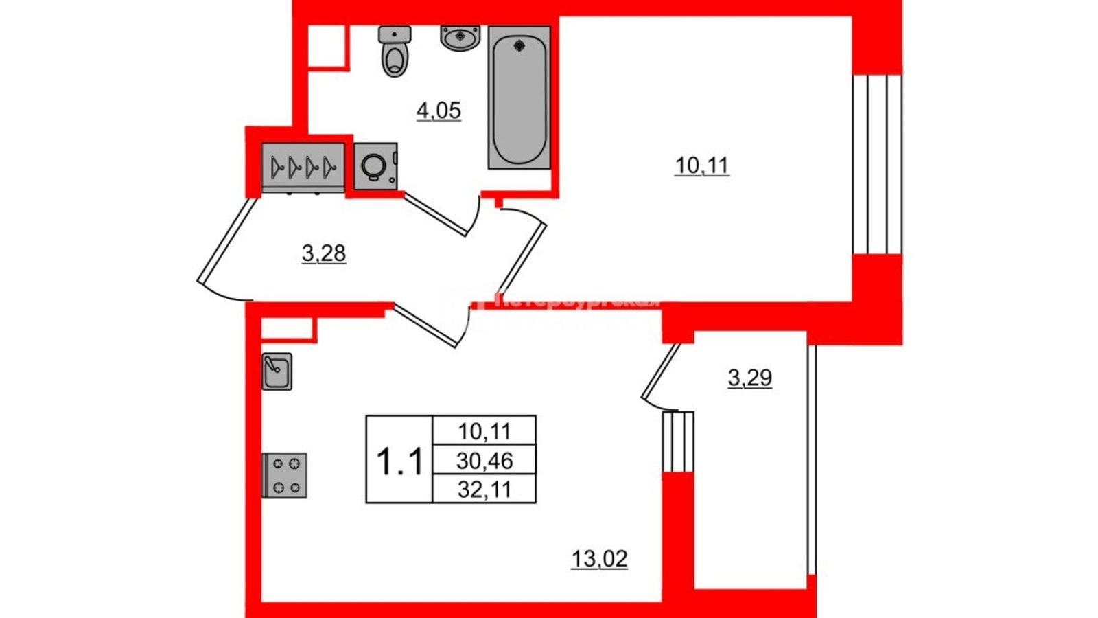 Планировка: 1-комнатная квартира, 30,5 м²