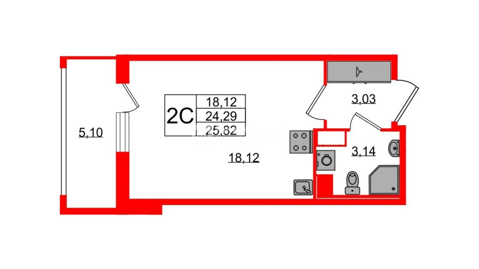 Планировка: студия, 24,3 м²