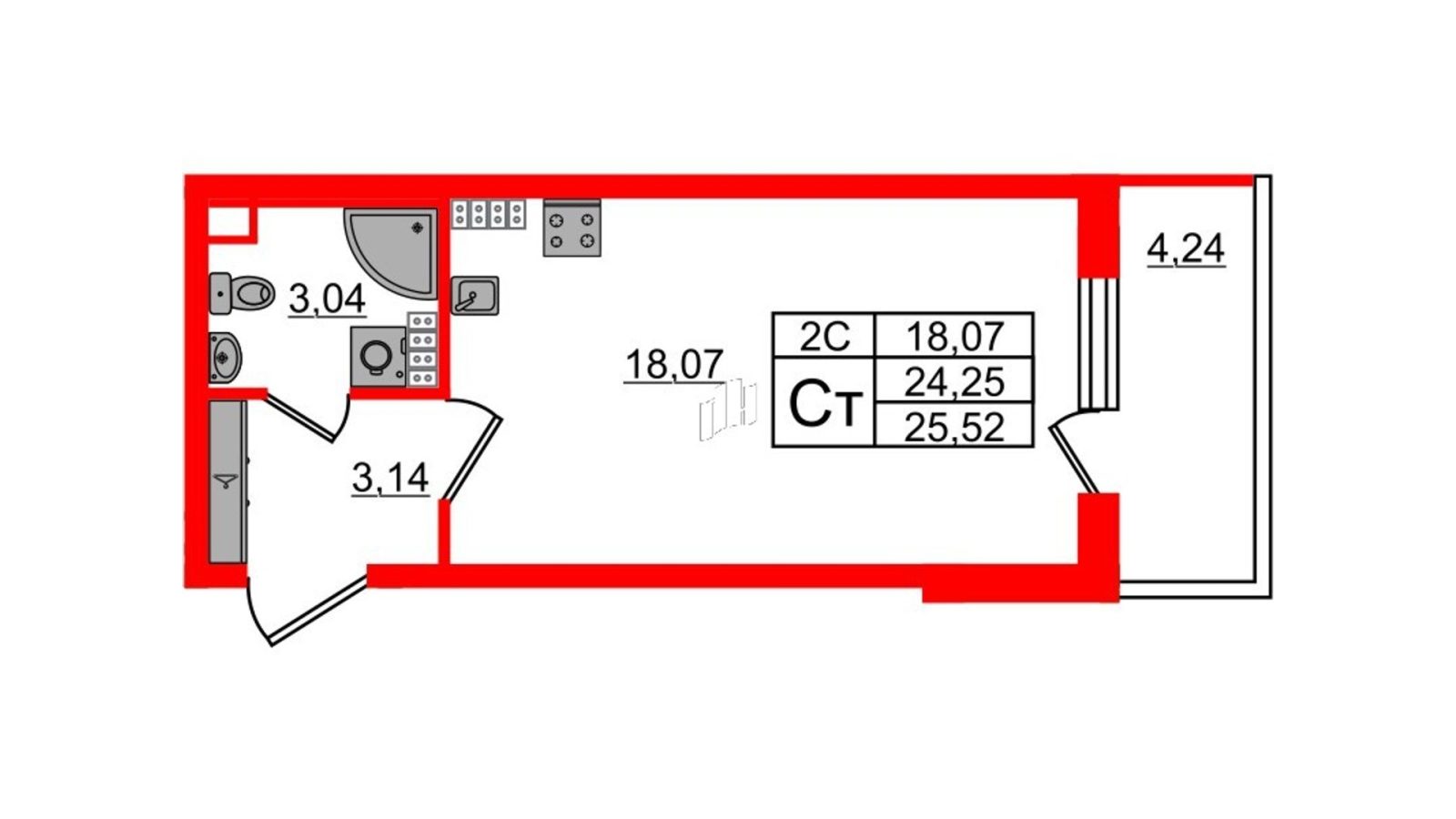 Планировка: студия, 24,3 м²