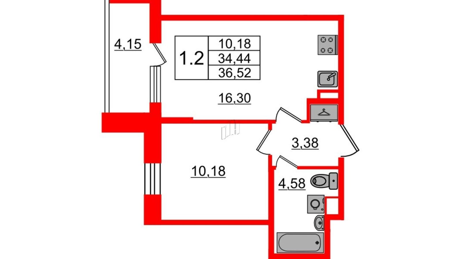 Планировка: 1-комнатная квартира, 34,4 м²