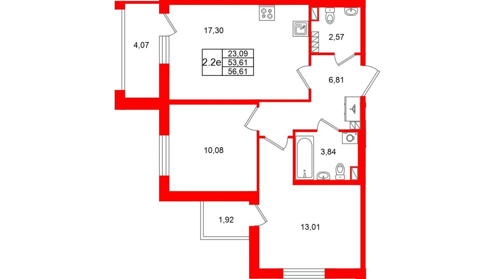 Планировка: 2-комнатная квартира, 53,6 м²