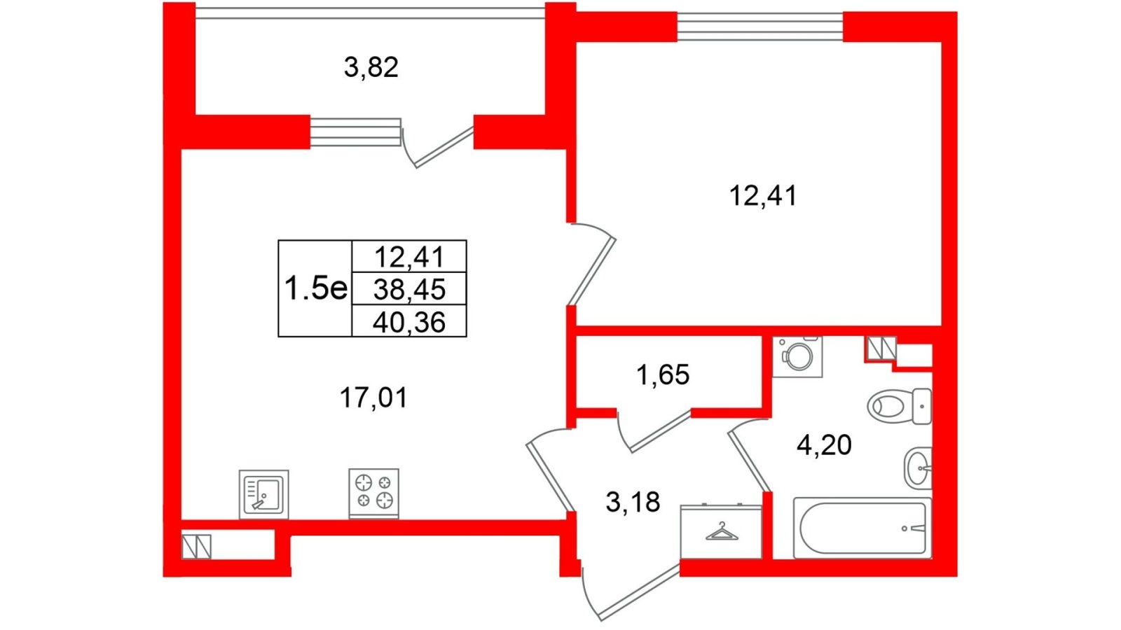 Планировка: 1-комнатная квартира, 38,5 м²