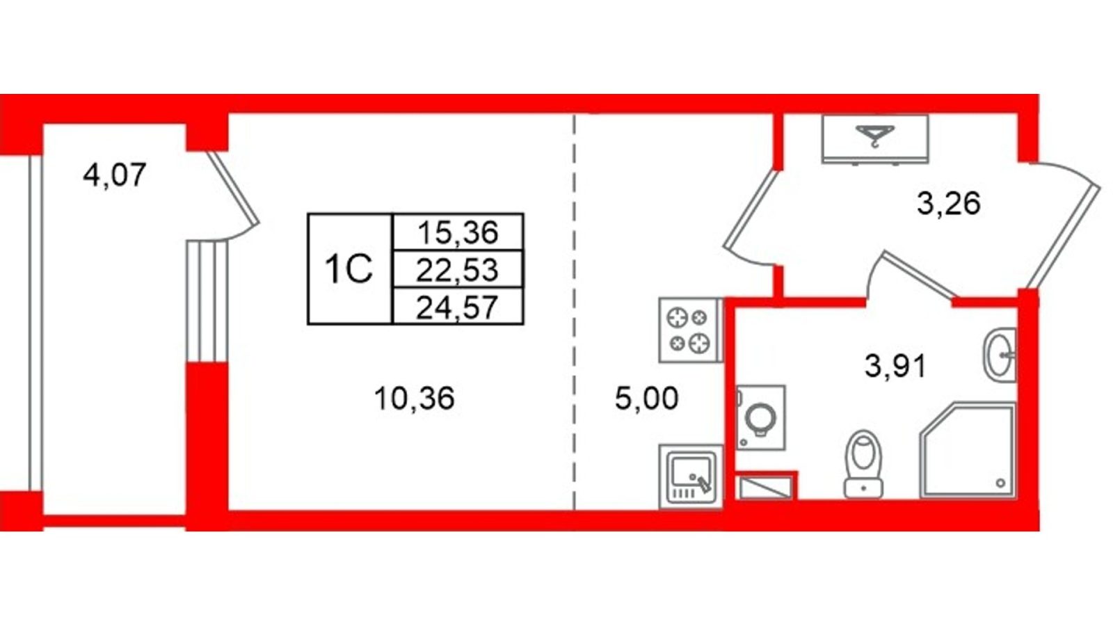 Планировка: студия, 22,5 м²
